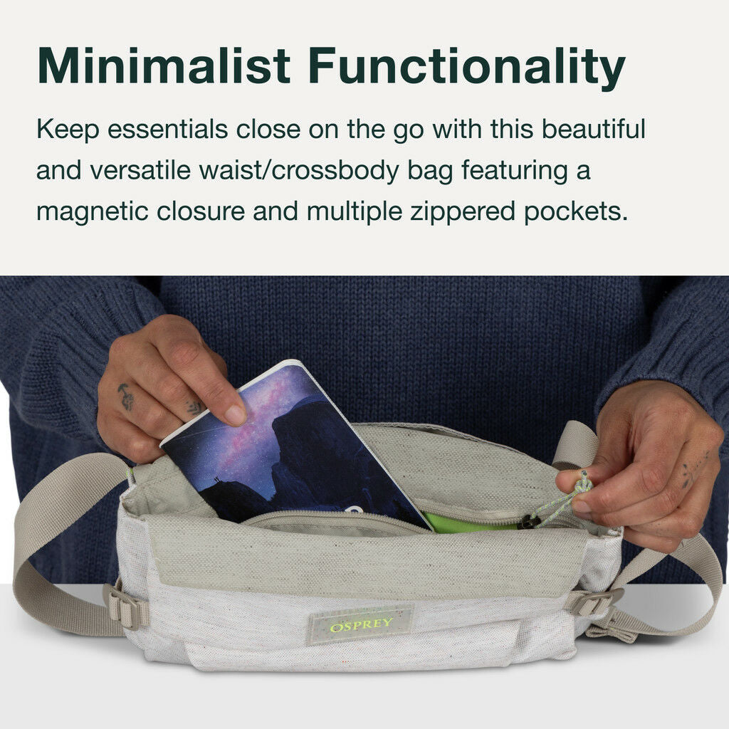 A person holds a light gray waist/crossbody bag branded "Osprey," inserting a tablet into it.