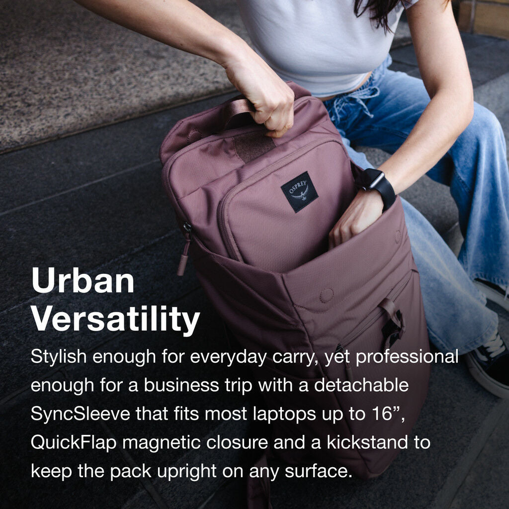 Person placing a pink laptop bag with a detachable sleeve and magnetic closure on the ground; product text highlights its versatile features.