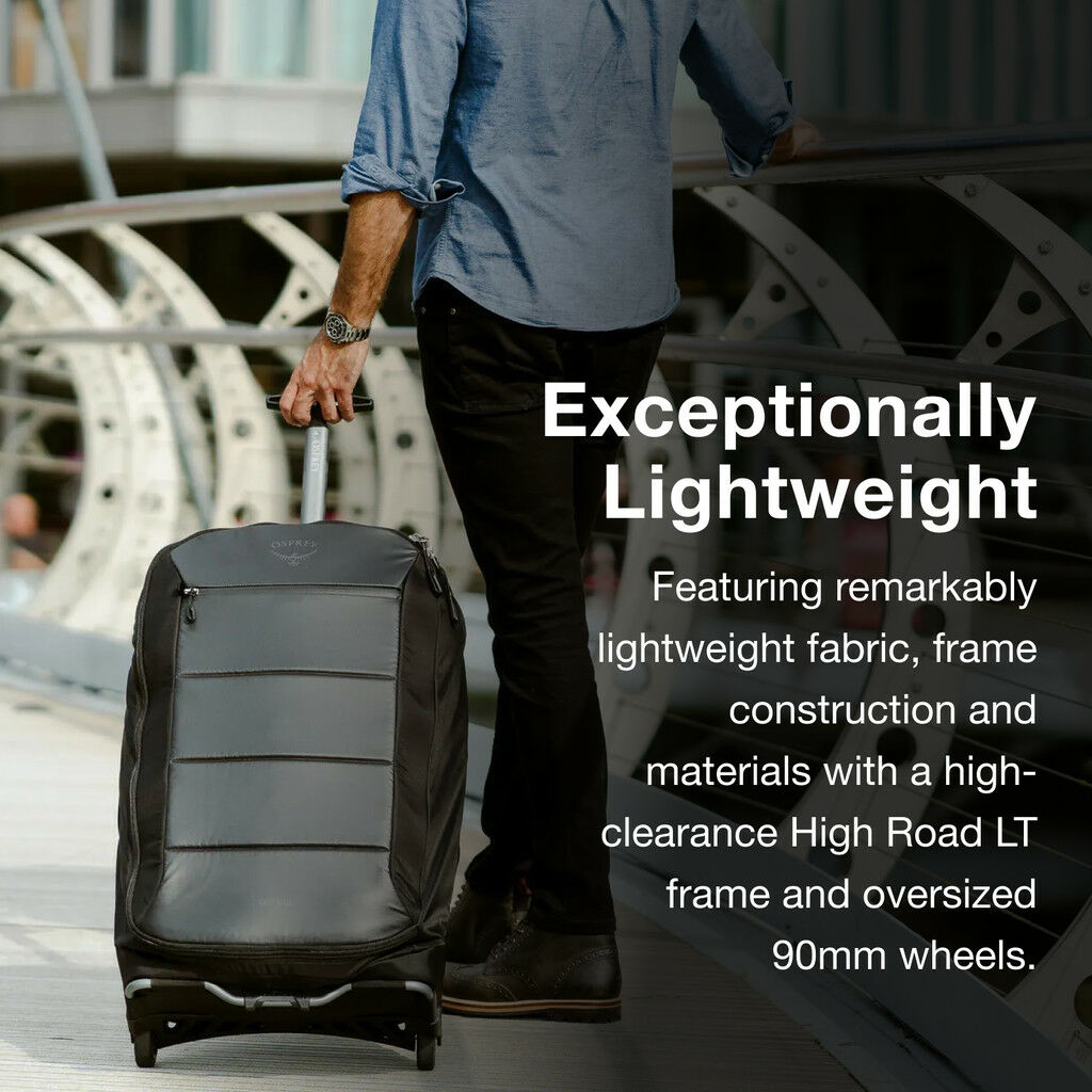 Man pulling a black wheeled suitcase on a bridge with text about the luggage's lightweight design.