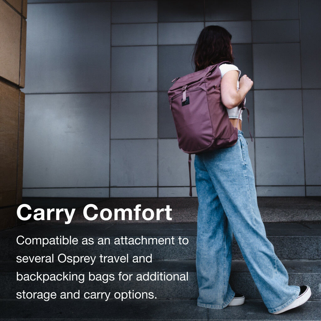 Woman walking down steps with Osprey backpack, showing carry comfort and attachment options.