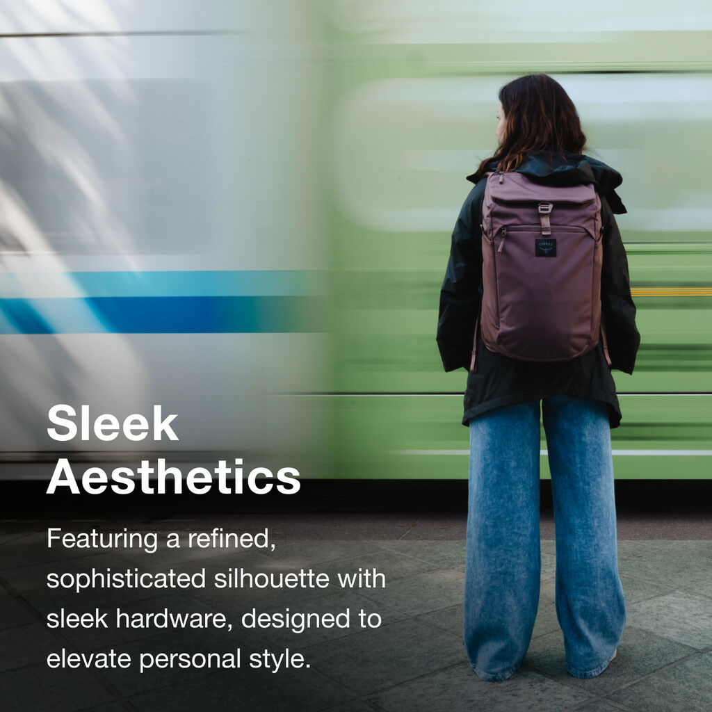 A person wearing wide-leg jeans and a backpack stands on a platform as a train passes by, with text describing sleek aesthetics and personal style.