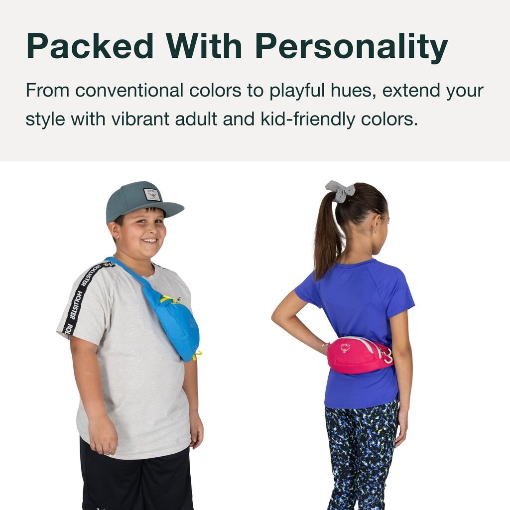 Boy and girl wearing colorful hip packs