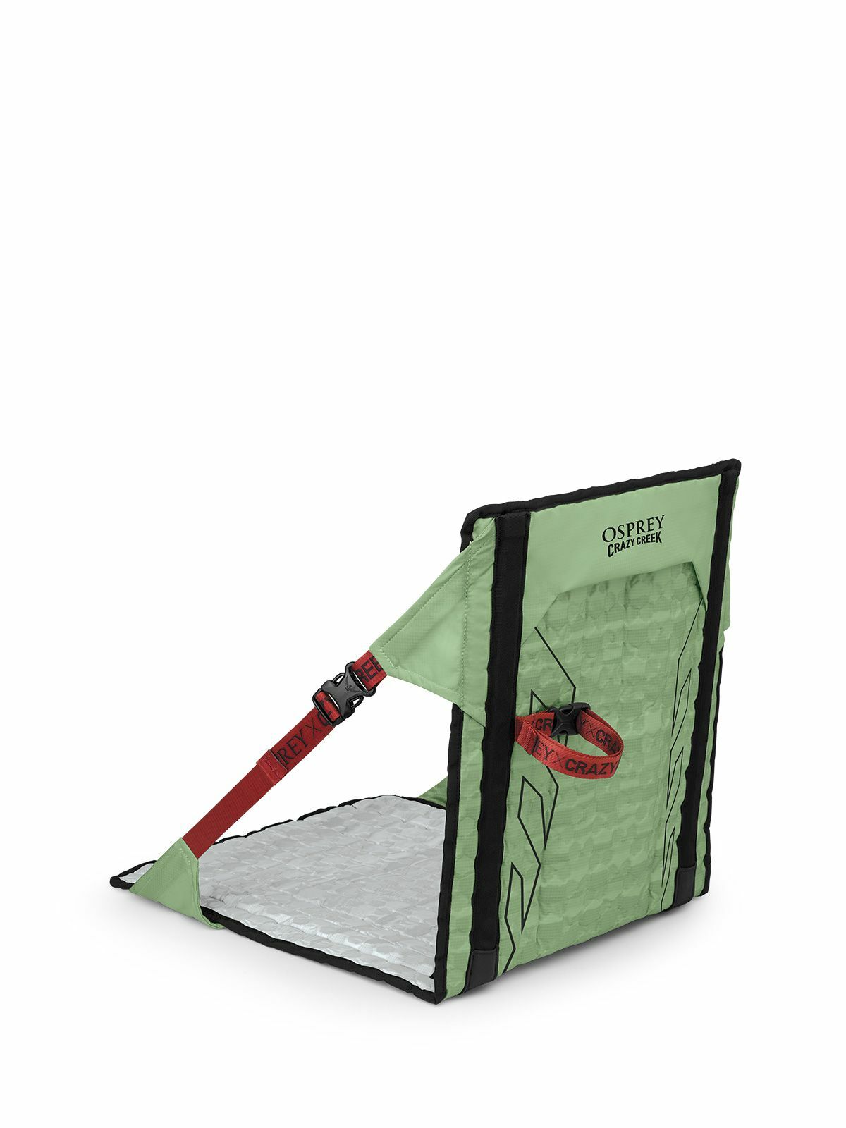 Green Osprey Crazy Creek outdoor chair with a lightweight design, adjustable strap, and supportive back for comfortable seating.