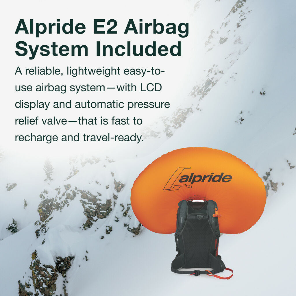Black Osprey backpack with orange AlpRide airbag against snowy background.