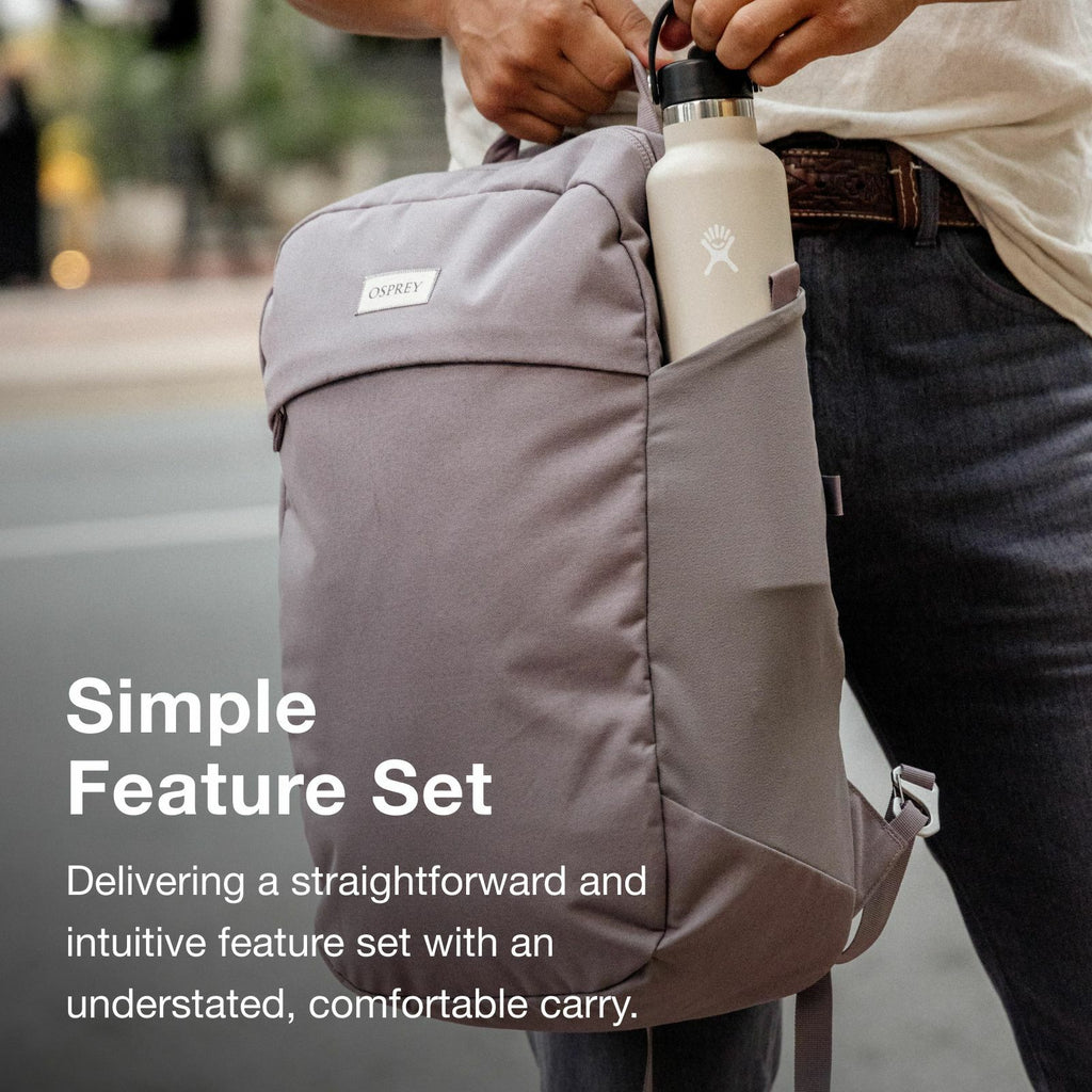 A person holds a light gray Osprey backpack with a water bottle in the side pocket; text describes its simple, intuitive features and comfortable design.