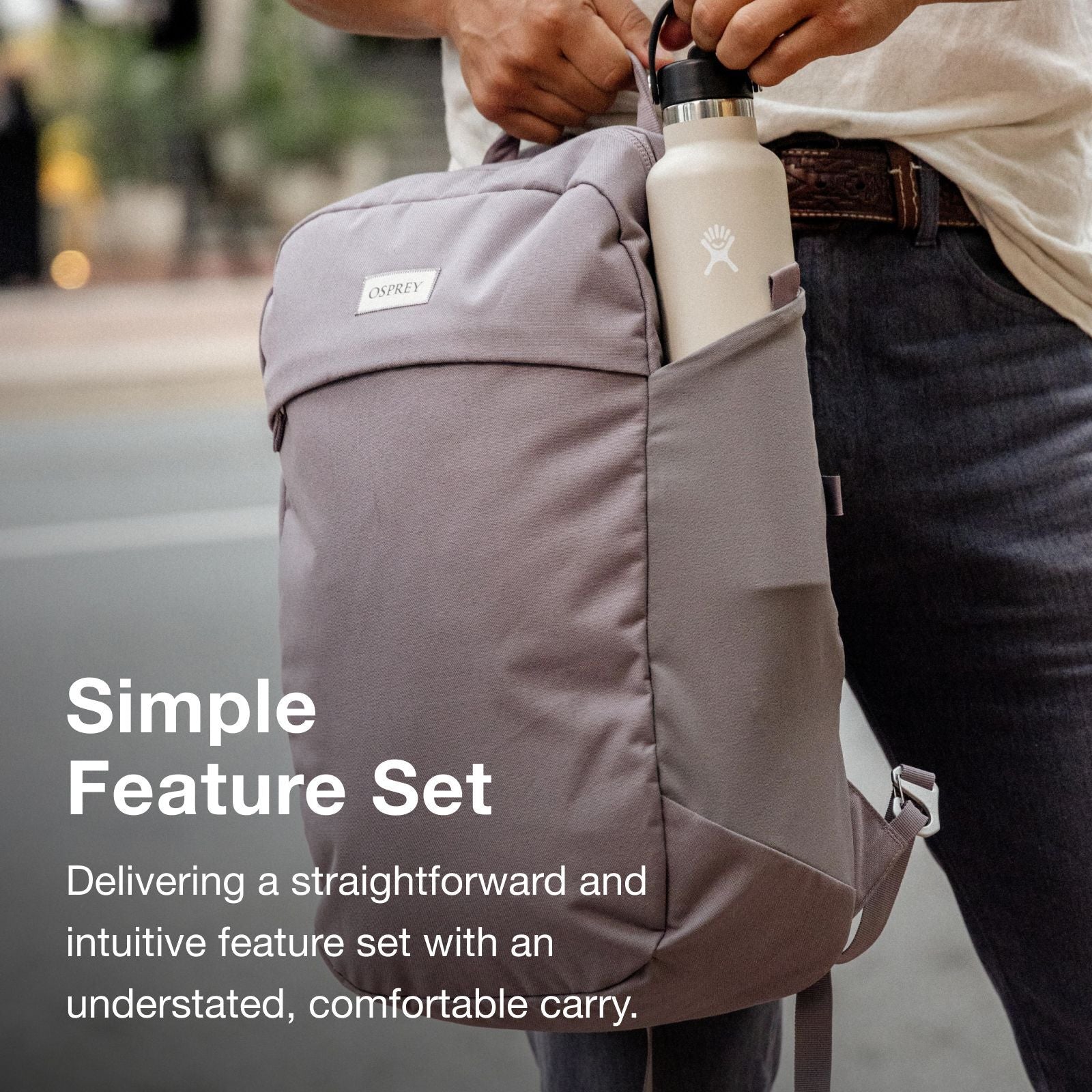 A person holds a light gray Osprey backpack with a water bottle in the side pocket; text describes its simple, intuitive features and comfortable design.