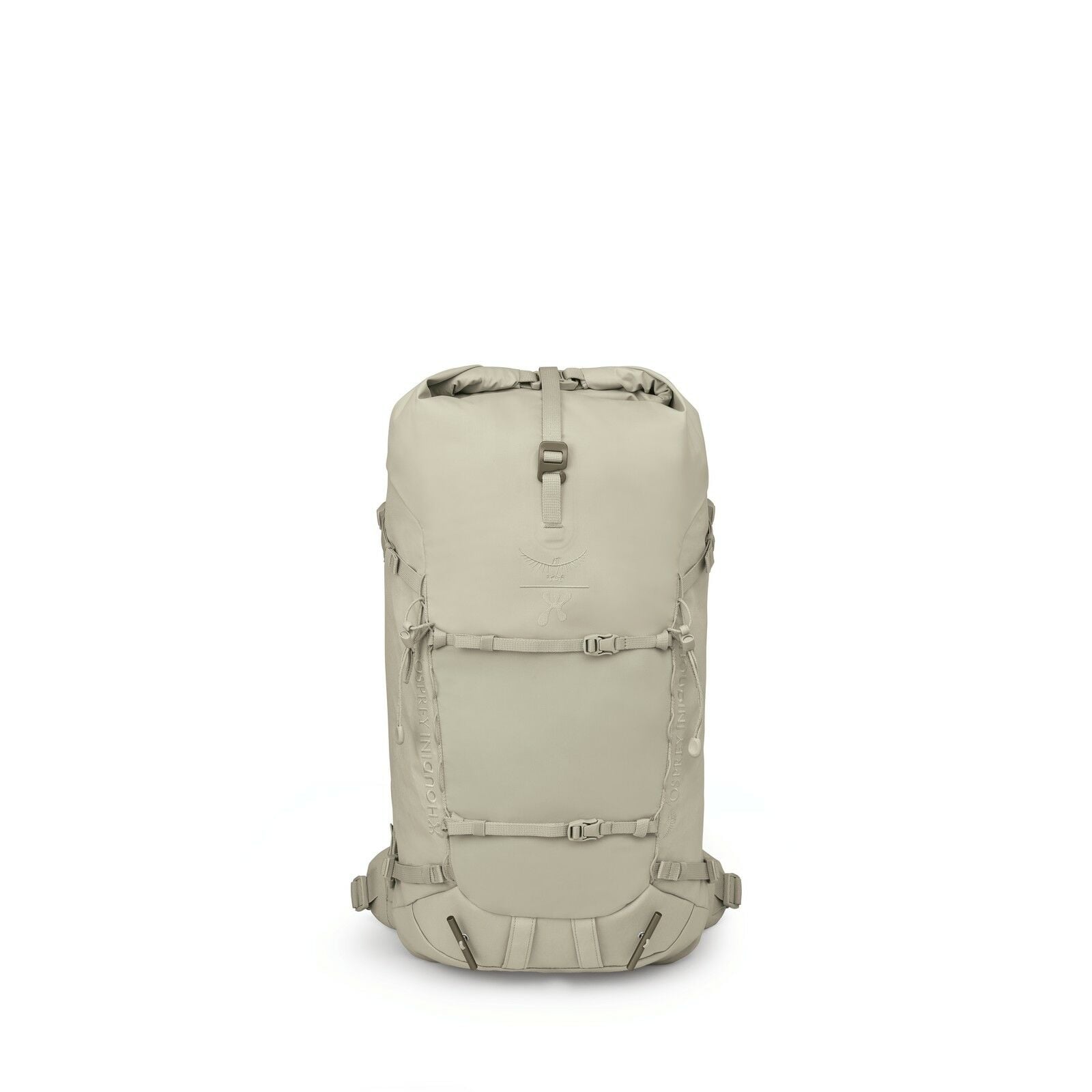 The images depict a sleek, monochromatic backpack with a minimalist design. The backpack is primarily beige in color and features a top-loading compartment with a roll-top closure secured by a buckle. On the front, there are adjustable straps, possibly fo