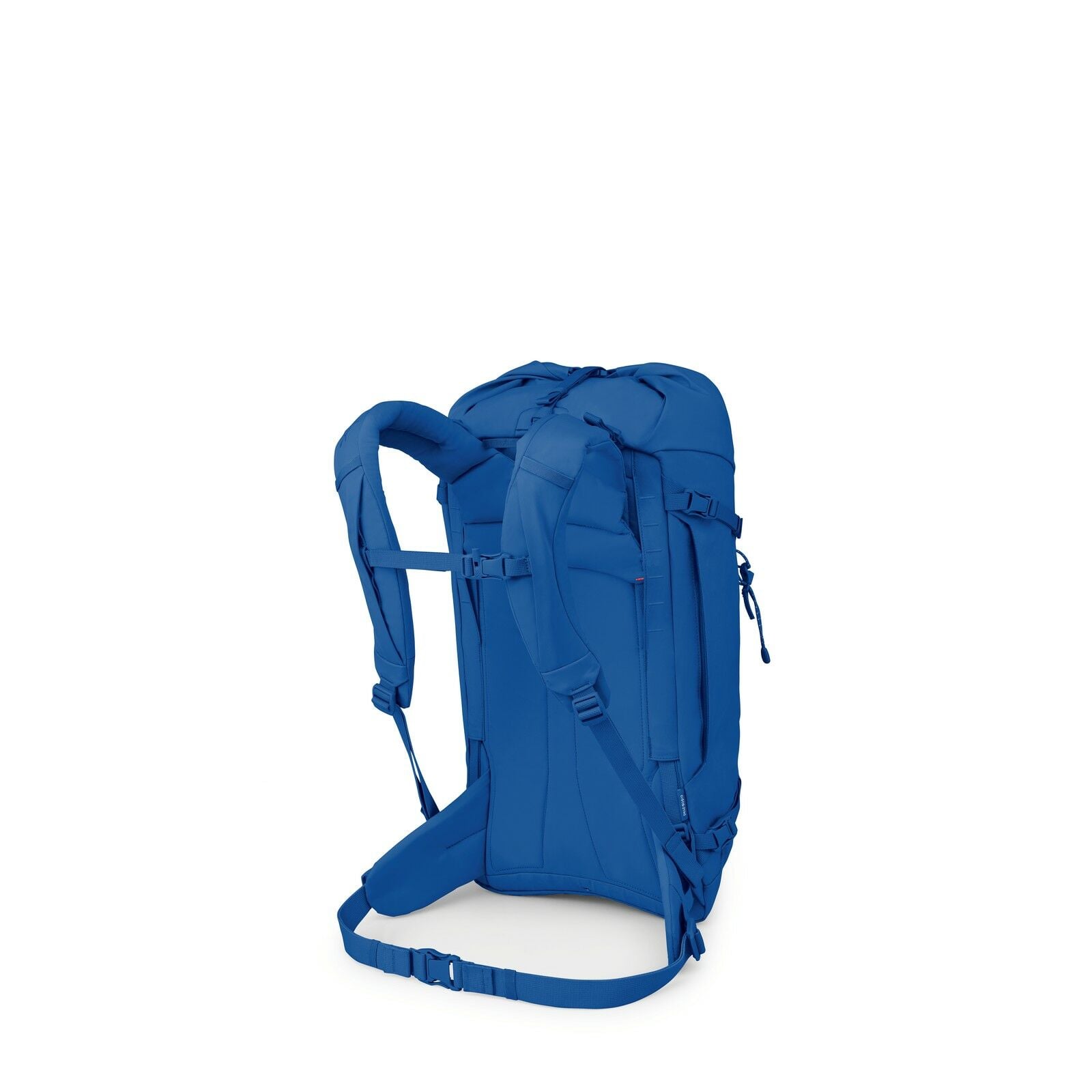The image features a royal blue backpack displayed from a slightly angled rear view. It is designed for hiking or travel, evident from its well-padded shoulder straps and adjustable waist strap, which enhance comfort and support for long periods of wear.
