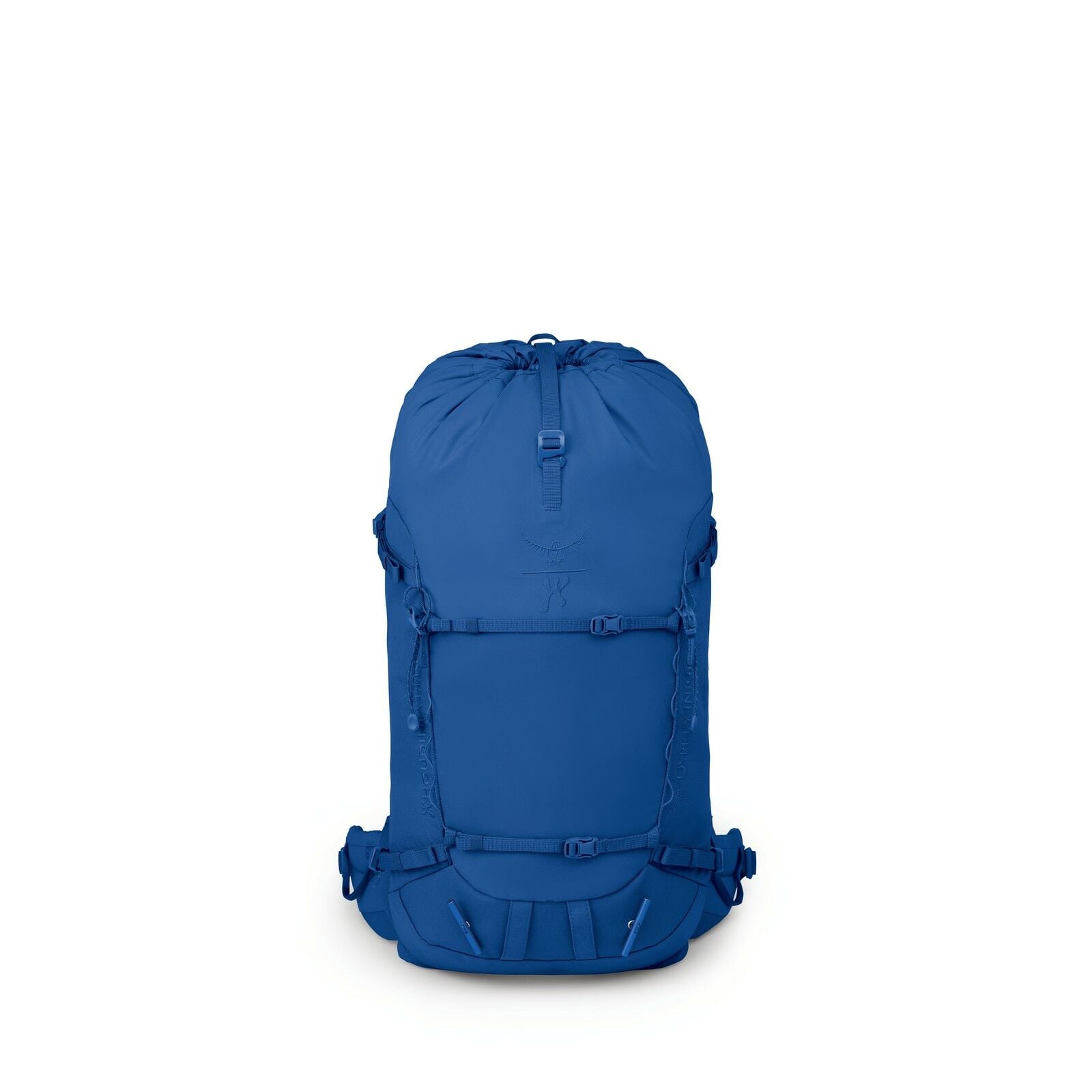 The image features a backpack that appears to be designed for hiking or outdoor activities, prominently displayed against a white background. It is entirely blue in color, showcasing a sleek and streamlined design with minimalistic features. The backpack