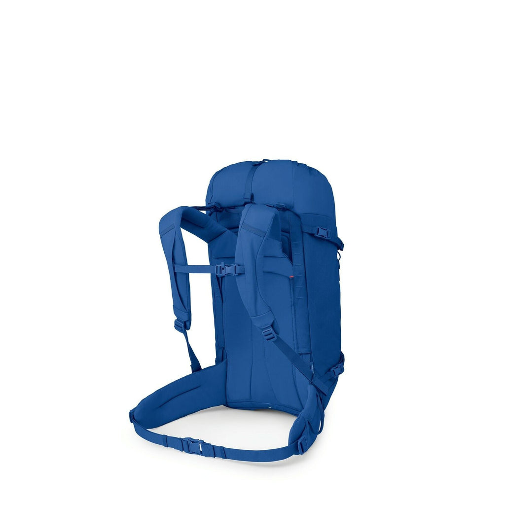 The image shows a royal blue hiking backpack designed for outdoor use. It has a large main compartment with a top cover, ideal for carrying substantial gear. The backpack is equipped with adjustable padded shoulder straps and a sternum strap for added com