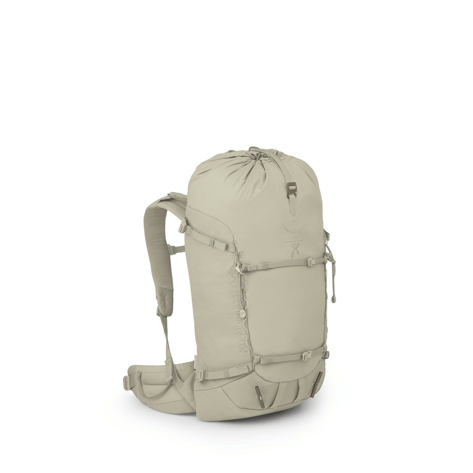 The image shows a light gray backpack with a simple and functional design. It features a large main compartment accessible from the top, secured with a drawstring and a buckle. The backpack has two adjustable shoulder straps and a padded hip belt for comf