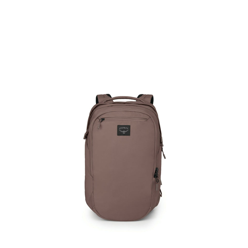 The image displays a mauve-colored backpack designed by Osprey. The backpack features multiple compartments and pockets, including a smaller zippered pocket on the front for easy access to essentials. It has a sleek and minimalist design with a subtle Osp