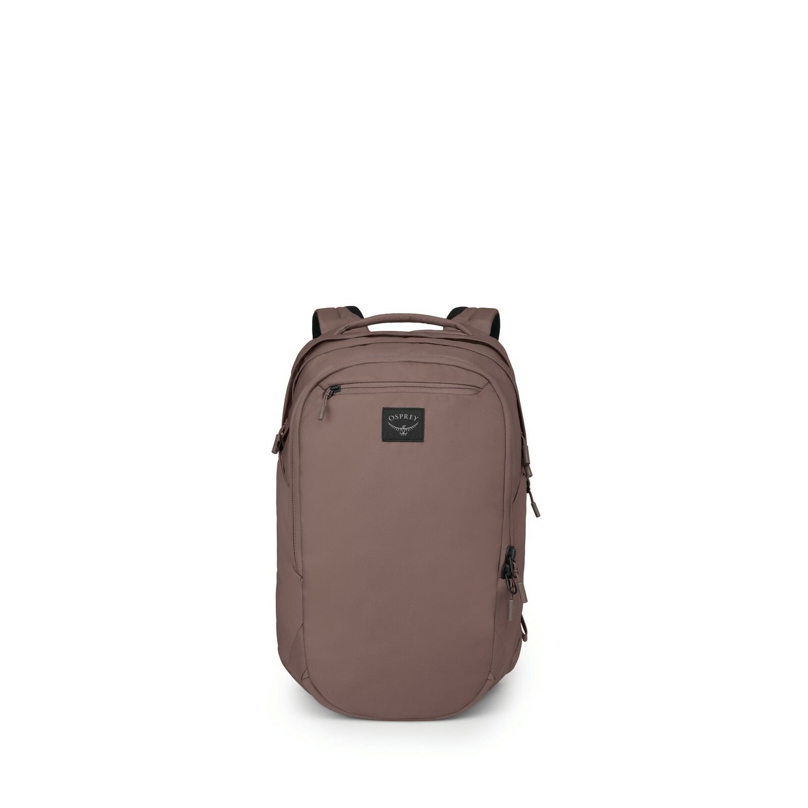 The image displays a mauve-colored backpack designed by Osprey. The backpack features multiple compartments and pockets, including a smaller zippered pocket on the front for easy access to essentials. It has a sleek and minimalist design with a subtle Osp