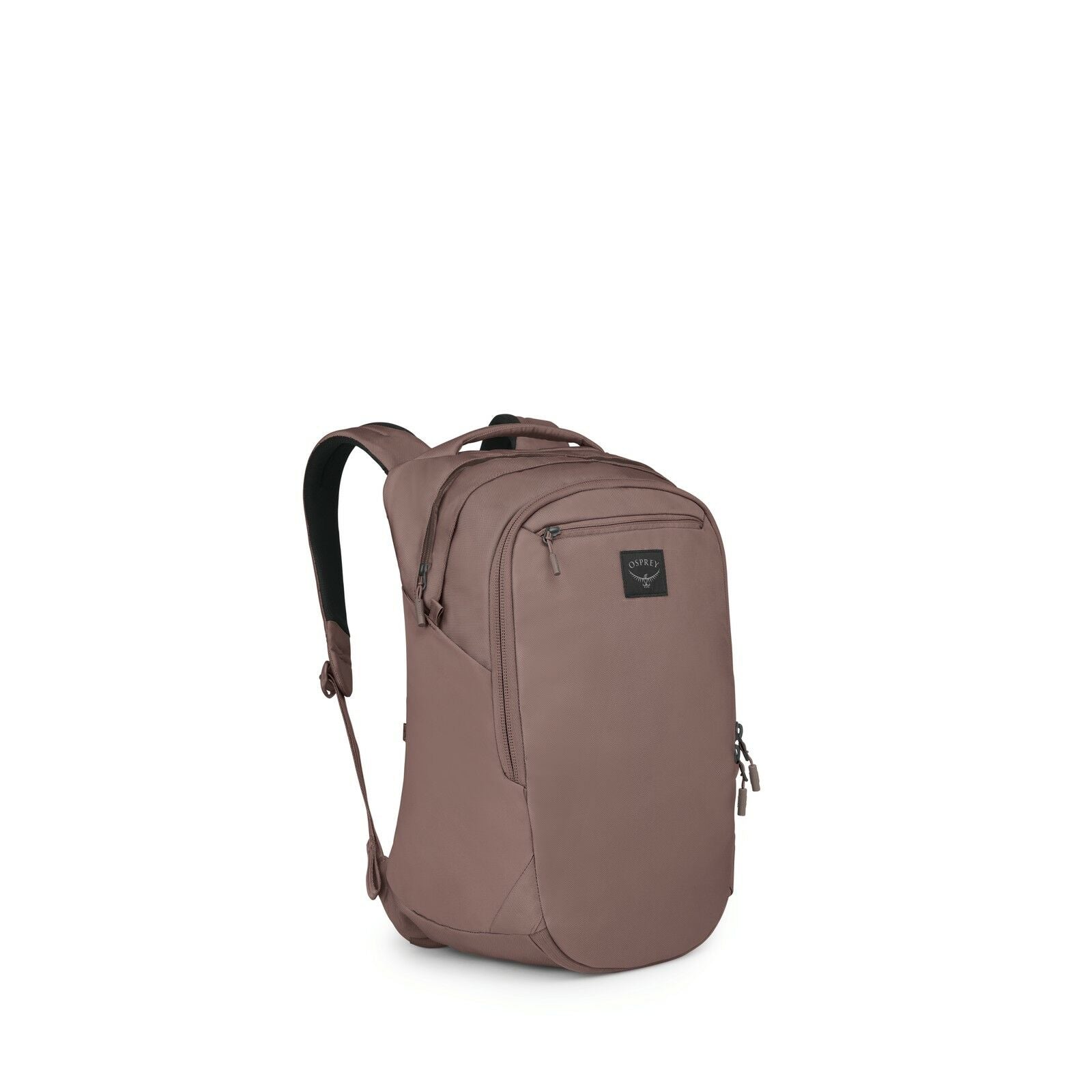 The image shows a backpack that is displayed in a three-quarter view, revealing its overall design and features. The backpack is predominantly a muted brown color, with a sleek and minimalist appearance. It has a main compartment with a visible zipper, a