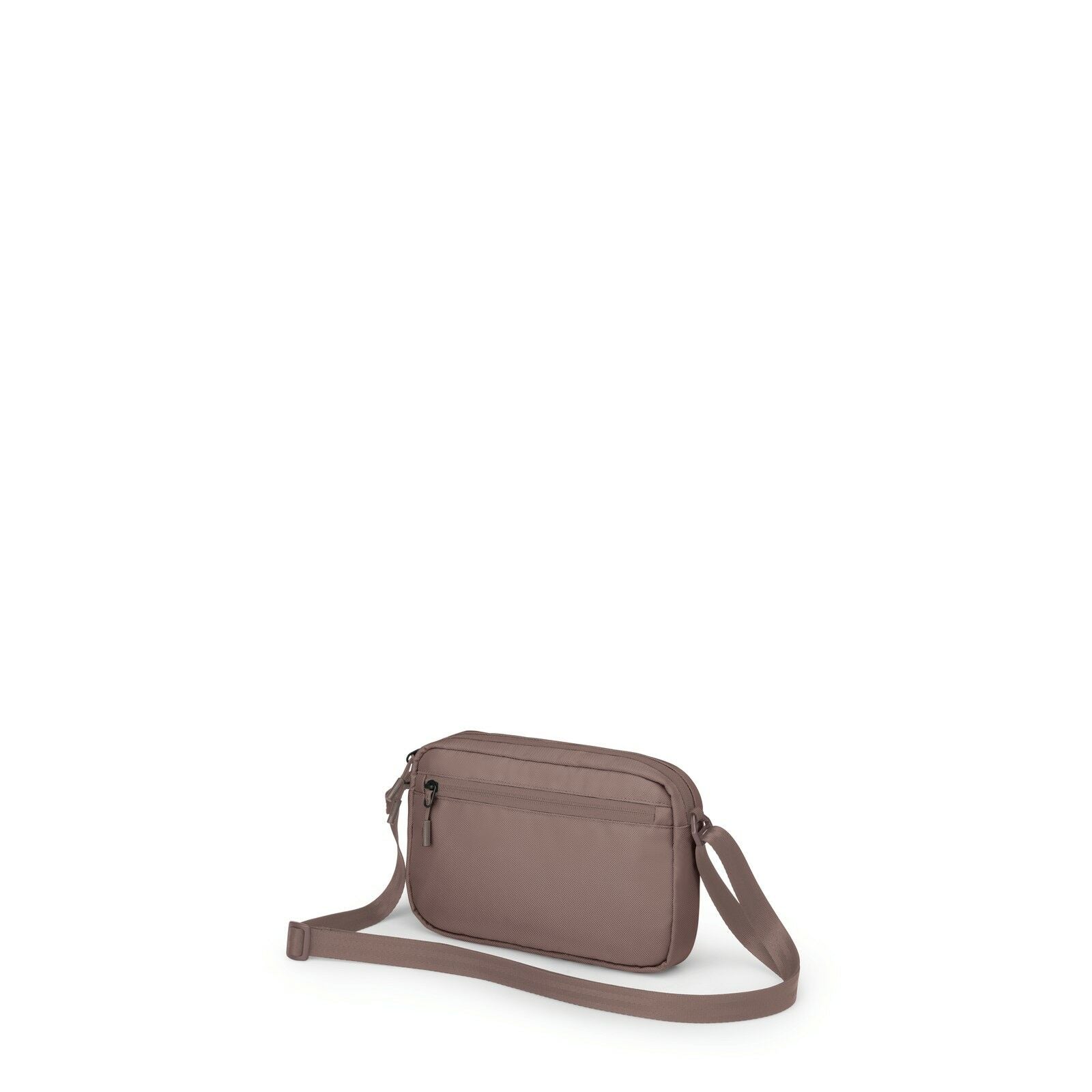 The images show a compact crossbody bag in a muted mauve color. The bag has a rectangular shape with rounded edges and features a front zippered pocket. The main compartment appears to be accessible via a zipper on the top, and there is an adjustable stra