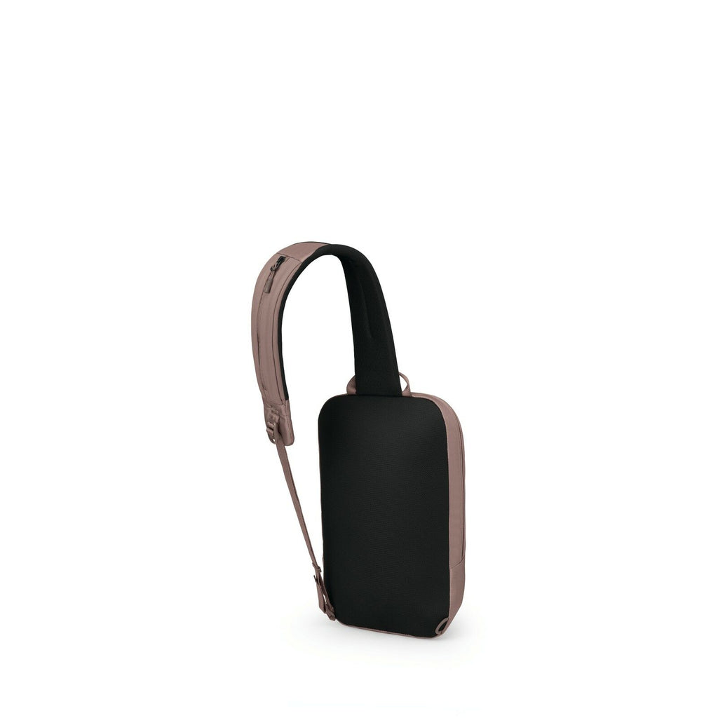 The image features a minimalist sling backpack with a modern design. The main body of the bag is sleek and predominantly black, complemented by a muted brown strap that extends from the top of the bag. This strap is adjustable and appears to be made of du