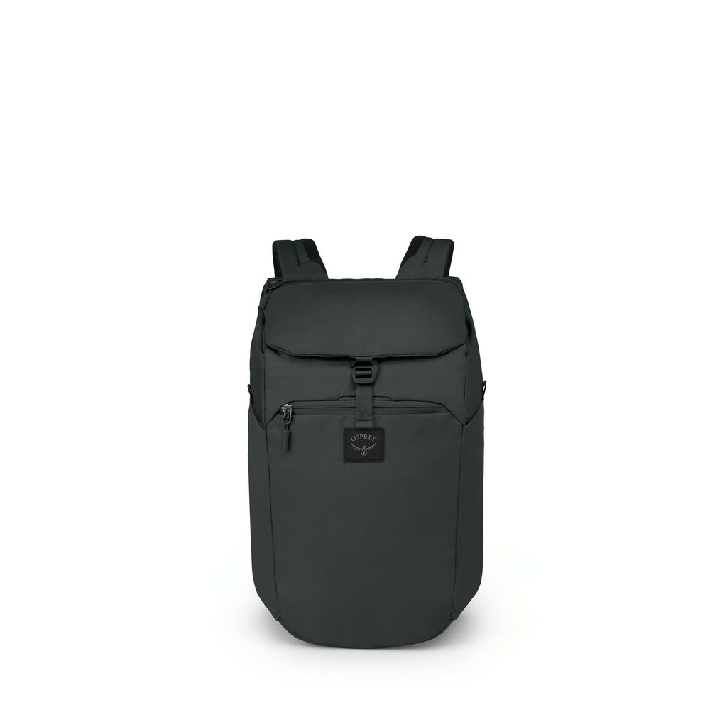The images depict a dark-colored backpack with a sleek, minimalist design. It features a top flap closure secured with a buckle, and the brand's logo is visible on the front pocket. The backpack appears to have adjustable shoulder straps, providing ease o