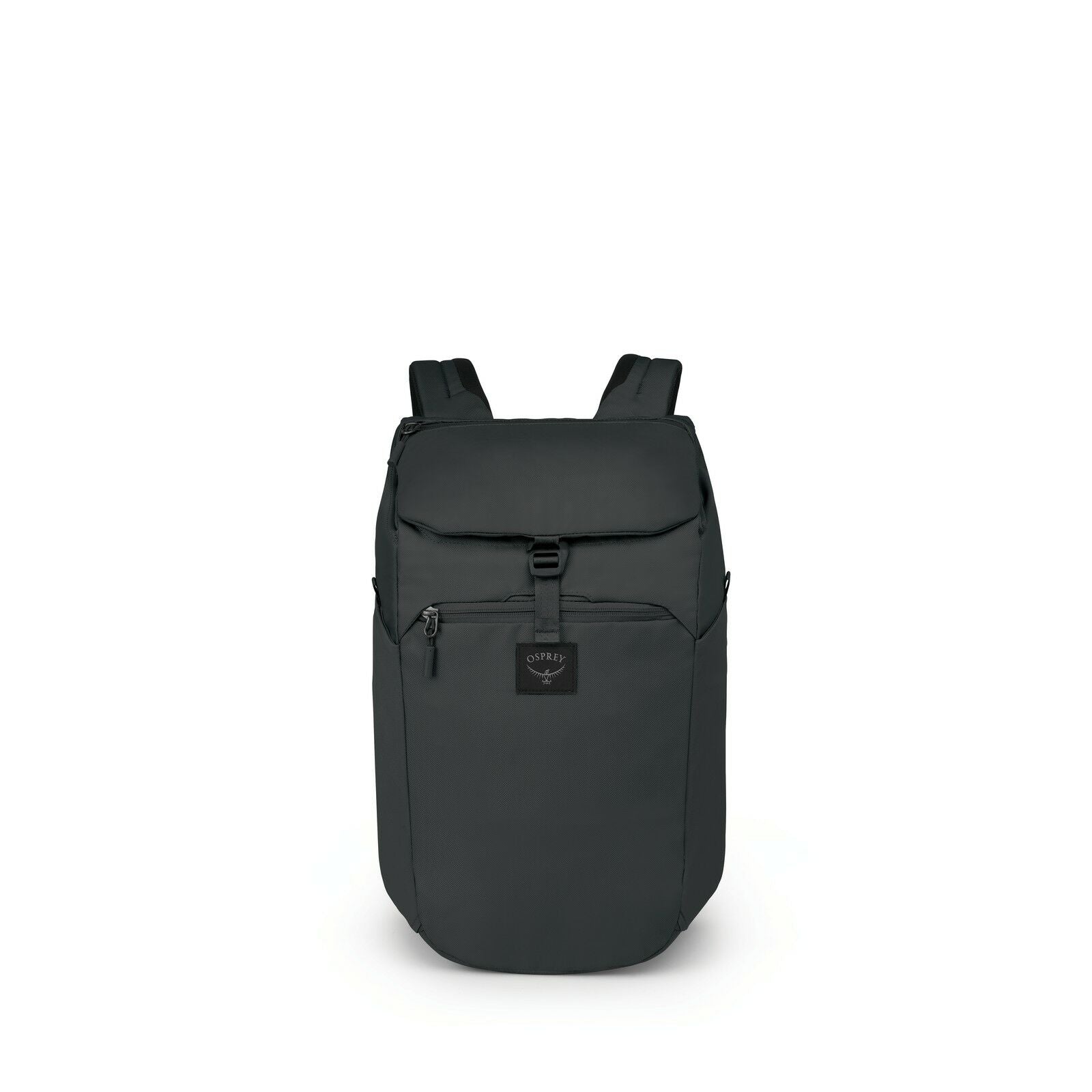 The images depict a dark-colored backpack with a sleek, minimalist design. It features a top flap closure secured with a buckle, and the brand's logo is visible on the front pocket. The backpack appears to have adjustable shoulder straps, providing ease o