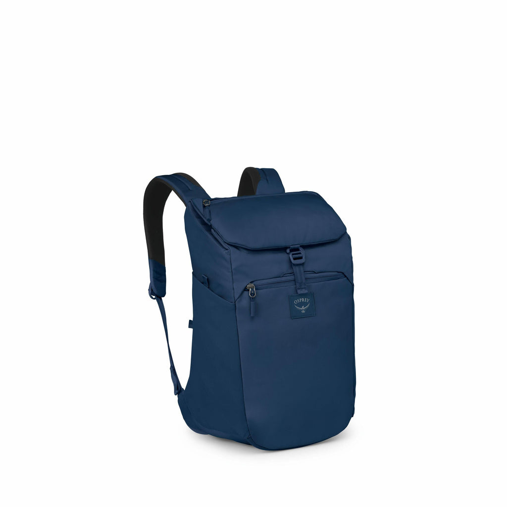 The image sequence shows a navy blue backpack from various angles and stages of assembly or decomposition. Initially, the backpack is displayed fully assembled, highlighting its sleek design with a flap closure and a prominent logo on the front pocket. As