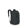 The image series displays a backpack designed by Osprey, showcasing its main features and components. The backpack is sleek, with a modern design in a dark color, featuring a top flap closure. It includes side pockets and adjustable shoulder straps for co