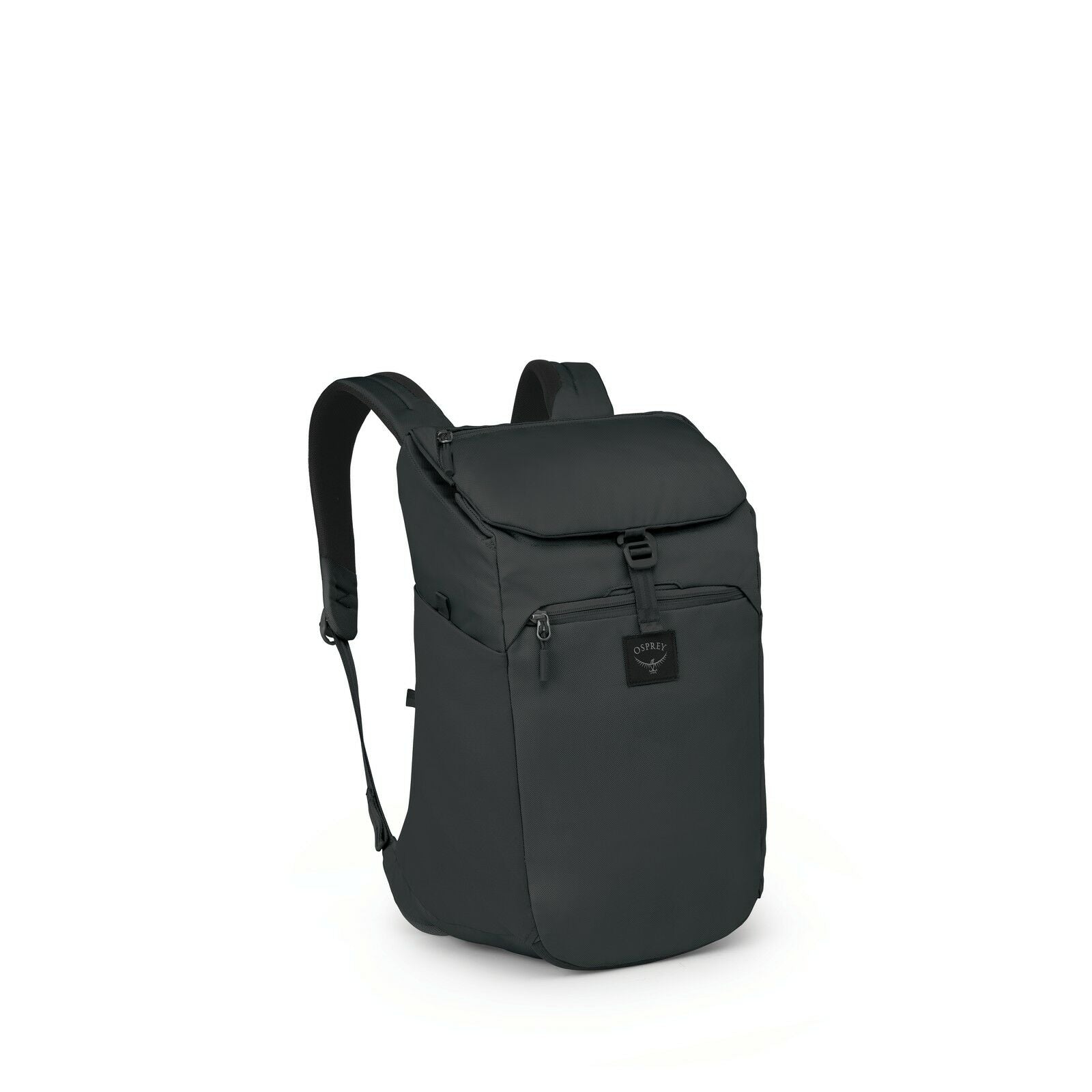 The image series displays a backpack designed by Osprey, showcasing its main features and components. The backpack is sleek, with a modern design in a dark color, featuring a top flap closure. It includes side pockets and adjustable shoulder straps for co