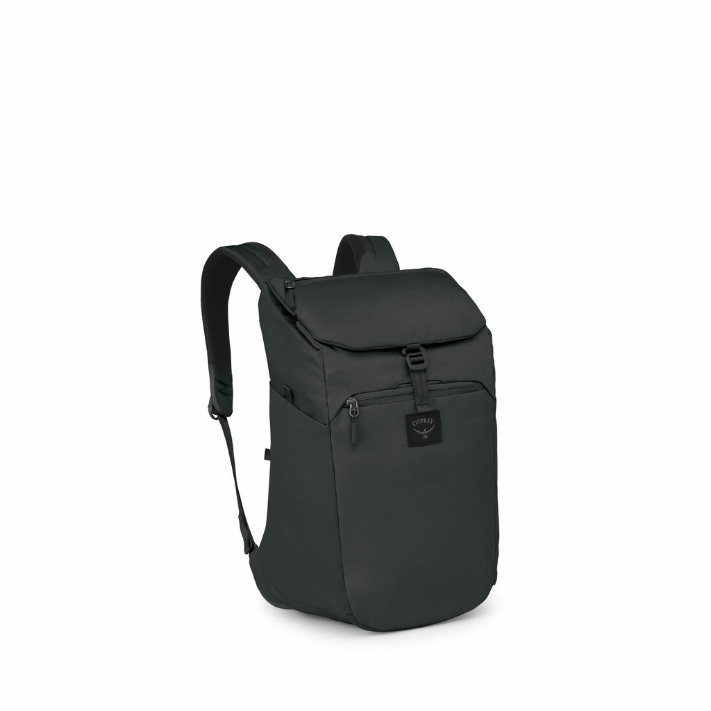 The image series displays a backpack designed by Osprey, showcasing its main features and components. The backpack is sleek, with a modern design in a dark color, featuring a top flap closure. It includes side pockets and adjustable shoulder straps for co