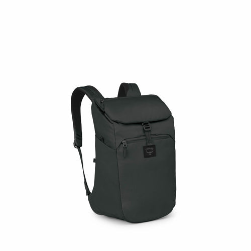 The image series displays a backpack designed by Osprey, showcasing its main features and components. The backpack is sleek, with a modern design in a dark color, featuring a top flap closure. It includes side pockets and adjustable shoulder straps for co