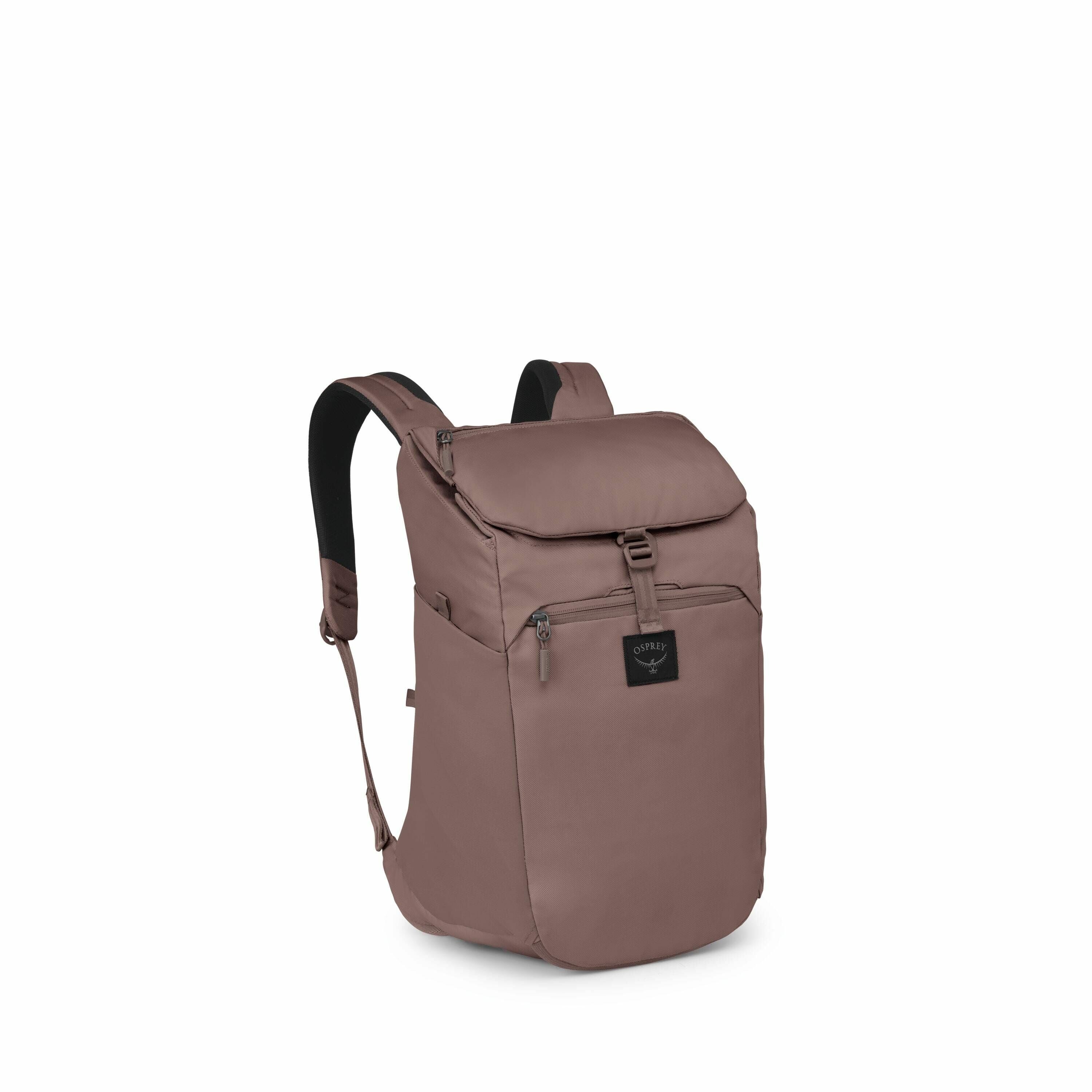 The series of images showcases a brown backpack from multiple angles and in stages of deconstruction. The first image presents a fully assembled backpack with a sleek, minimalist design, featuring a top flap secured with a buckle and side zippers for addi