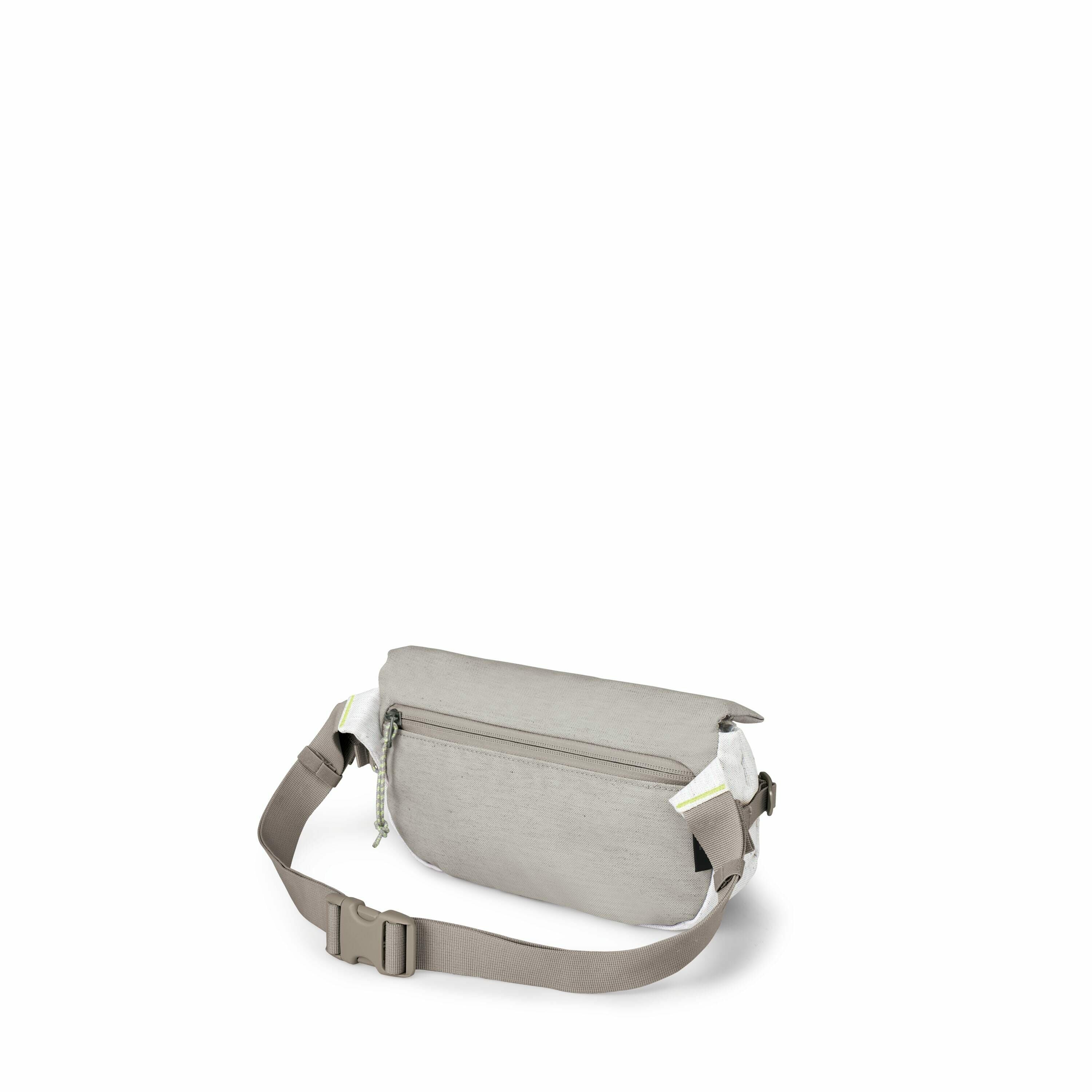The images show the various parts of a light gray waist bag, commonly known as a fanny pack. The first two images depict the complete bag with its adjustable strap and zippered pocket. The subsequent images break down the bag into its individual component