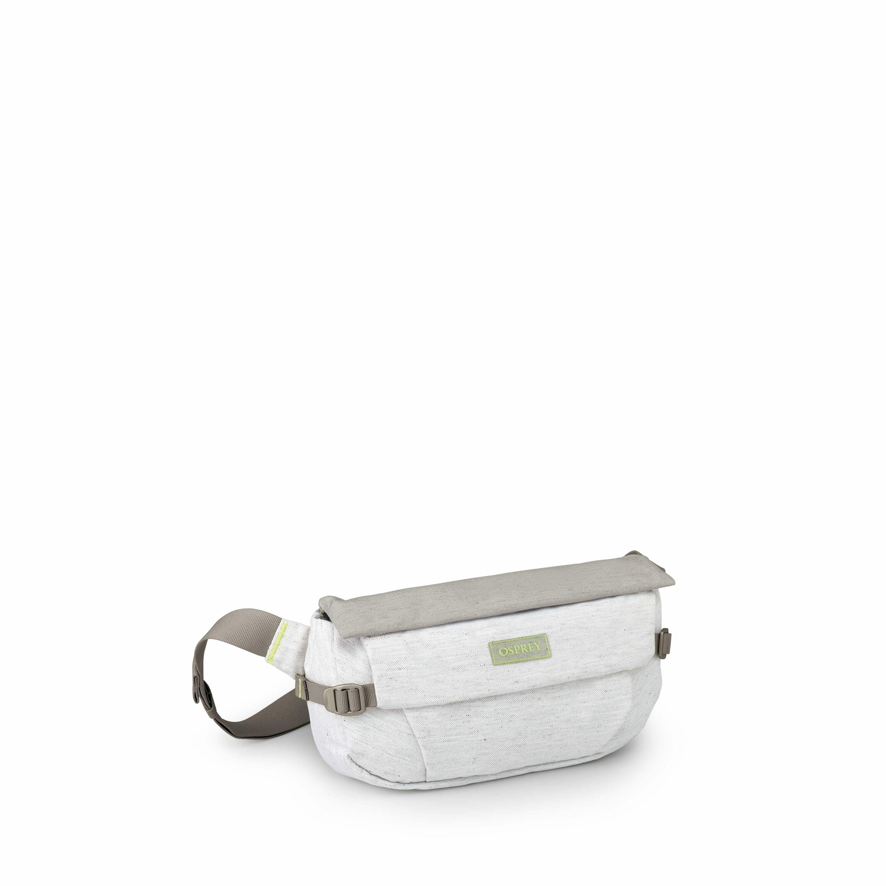 The image depicts a compact, stylish fanny pack made from a light gray fabric. It features a flap closure with a buckle, and the strap appears to be adjustable for convenience. A small rectangular patch with the brand name "Osprey" is sewn onto the flap,