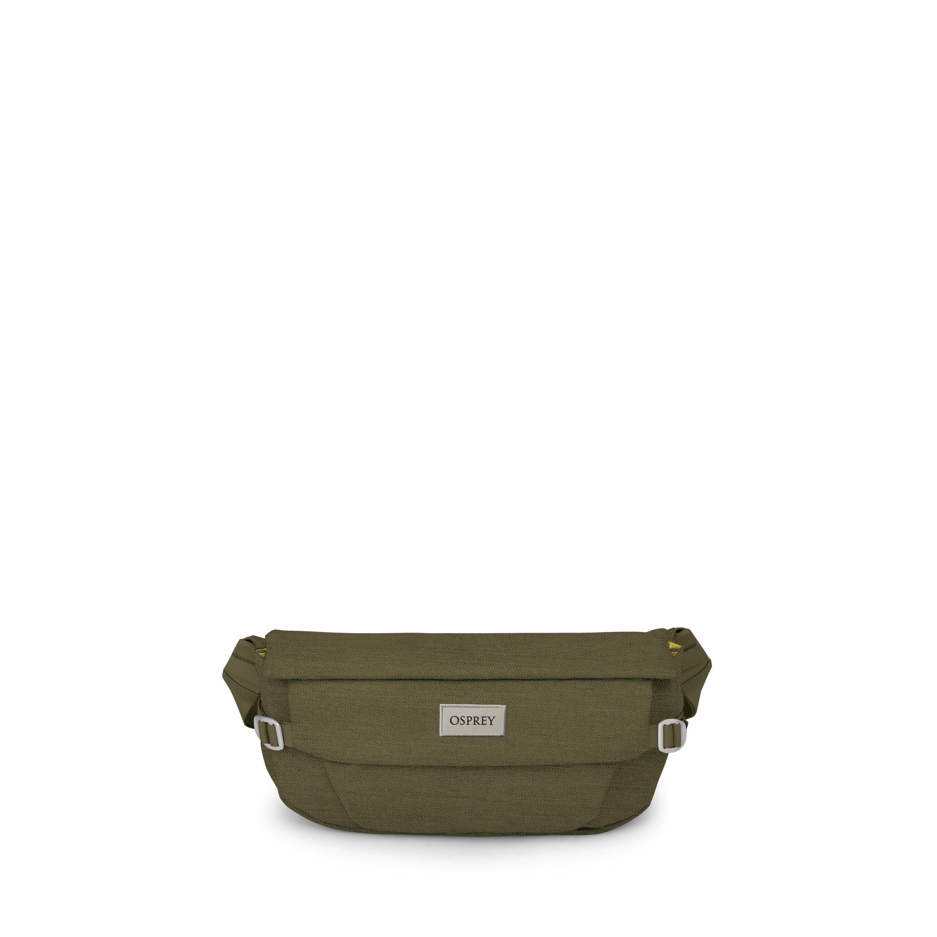 The image displays an olive green Osprey waist bag against a plain white background. The bag has a sleek and compact design, featuring a rectangular shape with slightly rounded edges. The front of the bag prominently showcases the Osprey logo on a small p