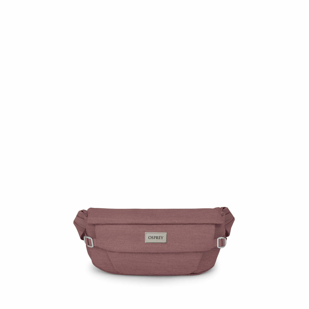 The image series shows a burgundy Osprey waist pack. The pack has a rectangular shape and features a prominent Osprey logo centered on the front. It is equipped with two adjustable straps on each side, designed to wrap around the waist. The image sequence