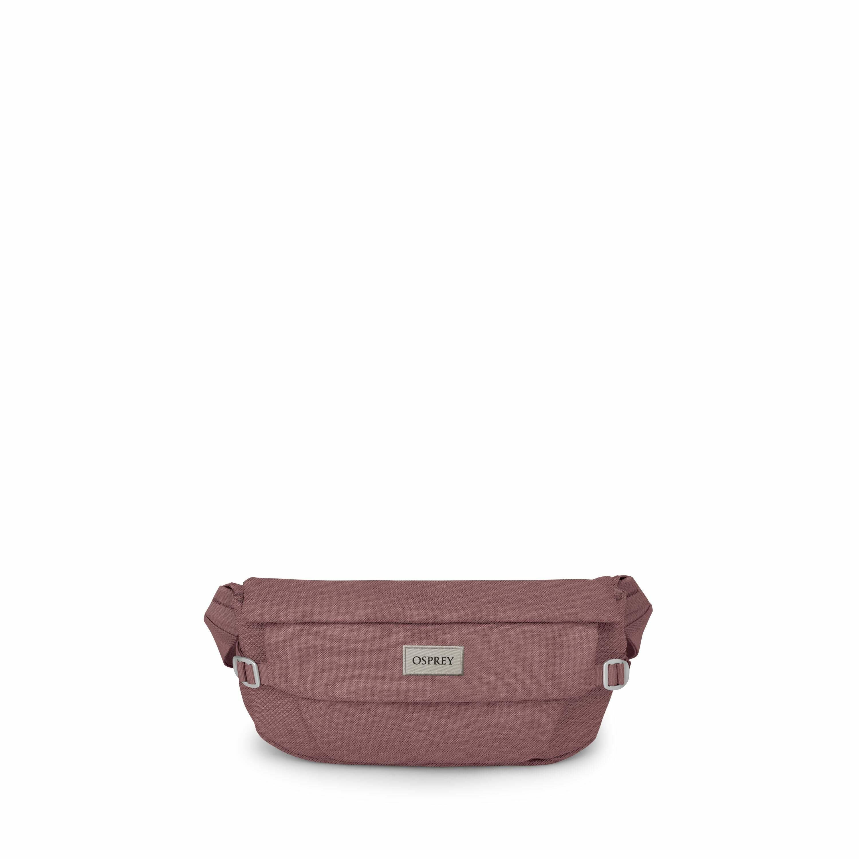 The image series shows a burgundy Osprey waist pack. The pack has a rectangular shape and features a prominent Osprey logo centered on the front. It is equipped with two adjustable straps on each side, designed to wrap around the waist. The image sequence