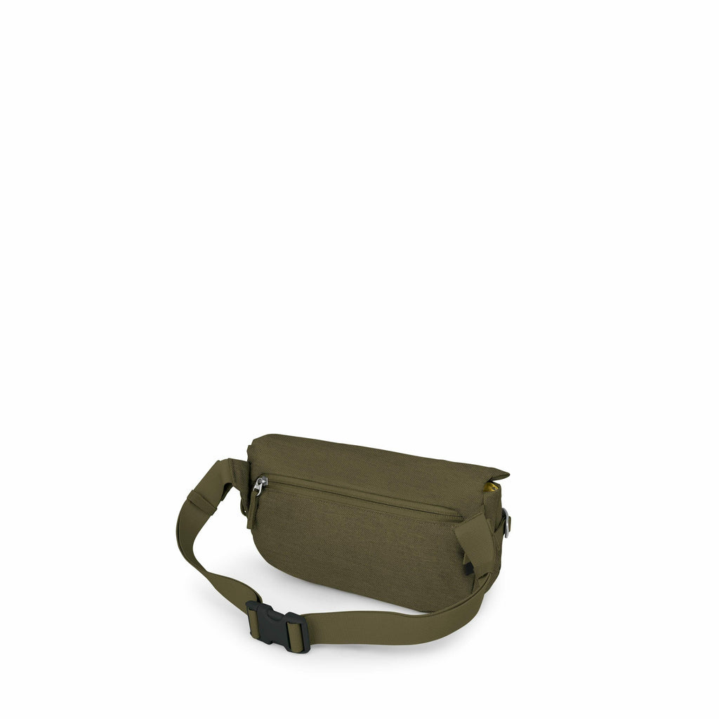 The images depict a khaki-colored fanny pack viewed from various stages of its assembly. The first image shows the fanny pack fully assembled, complete with an adjustable strap and a black plastic buckle. In subsequent images, the fanny pack is gradually