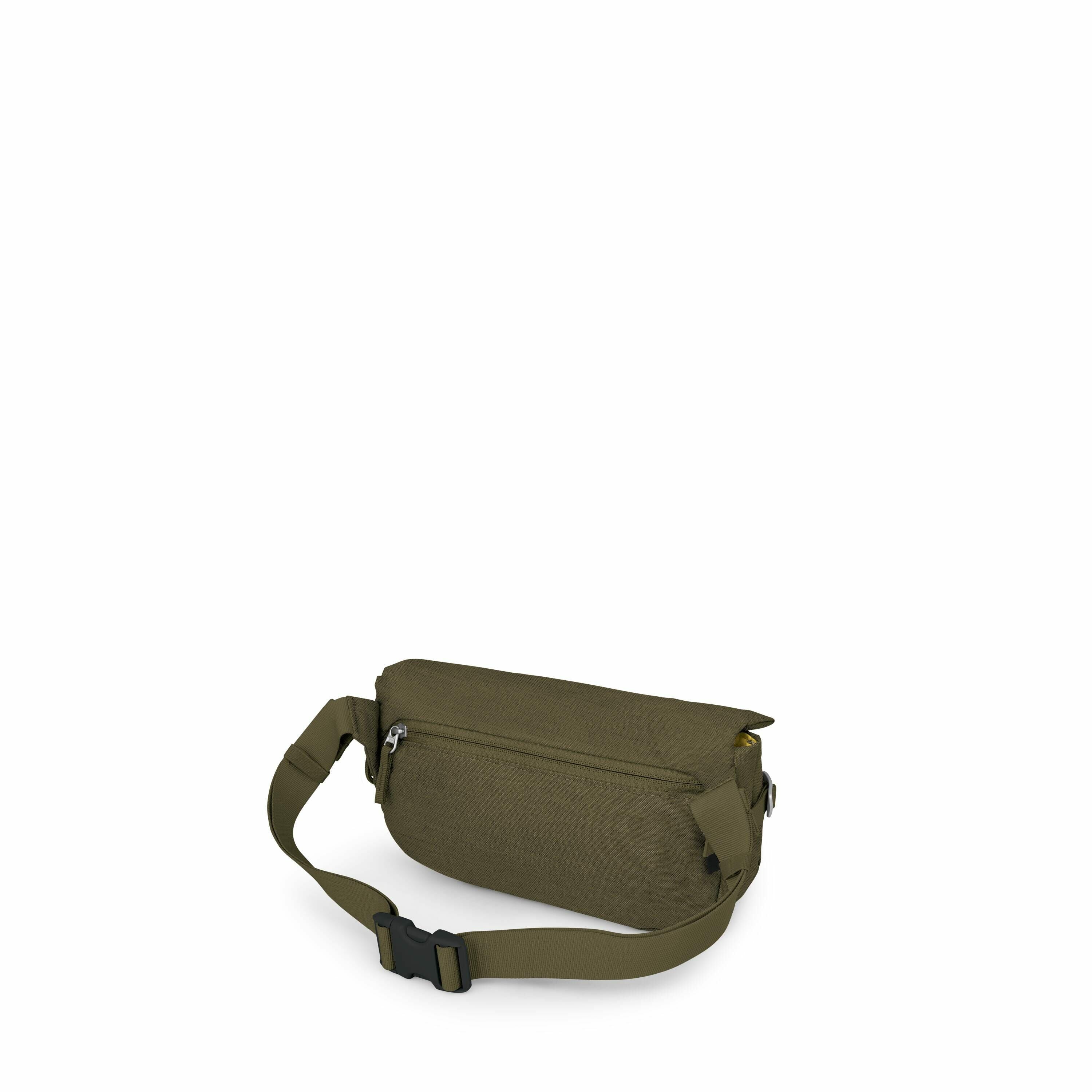 The images depict a khaki-colored fanny pack viewed from various stages of its assembly. The first image shows the fanny pack fully assembled, complete with an adjustable strap and a black plastic buckle. In subsequent images, the fanny pack is gradually