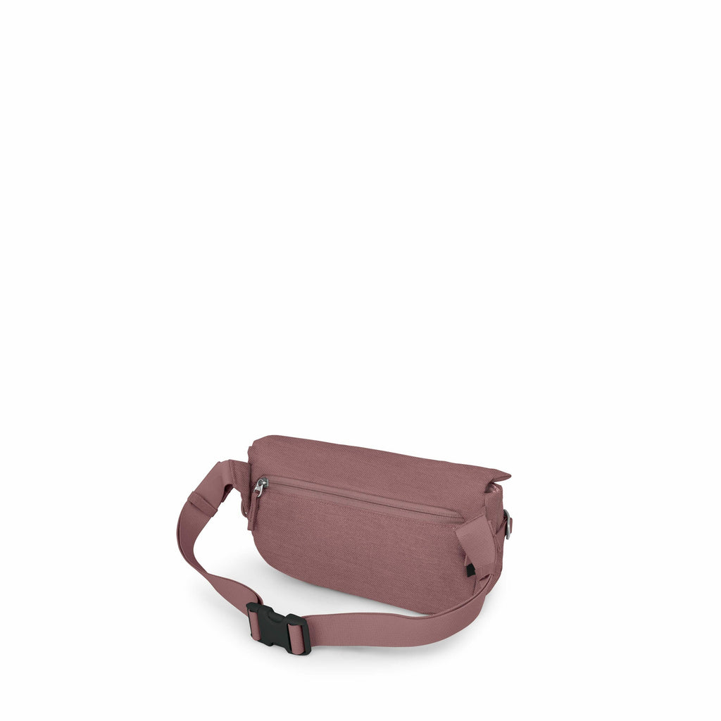 The image shows a maroon waist bag with a simple and compact design, featuring a single main compartment secured with a zipper. It has an adjustable strap with a black plastic buckle, allowing the bag to be worn around the waist or across the body. The ba