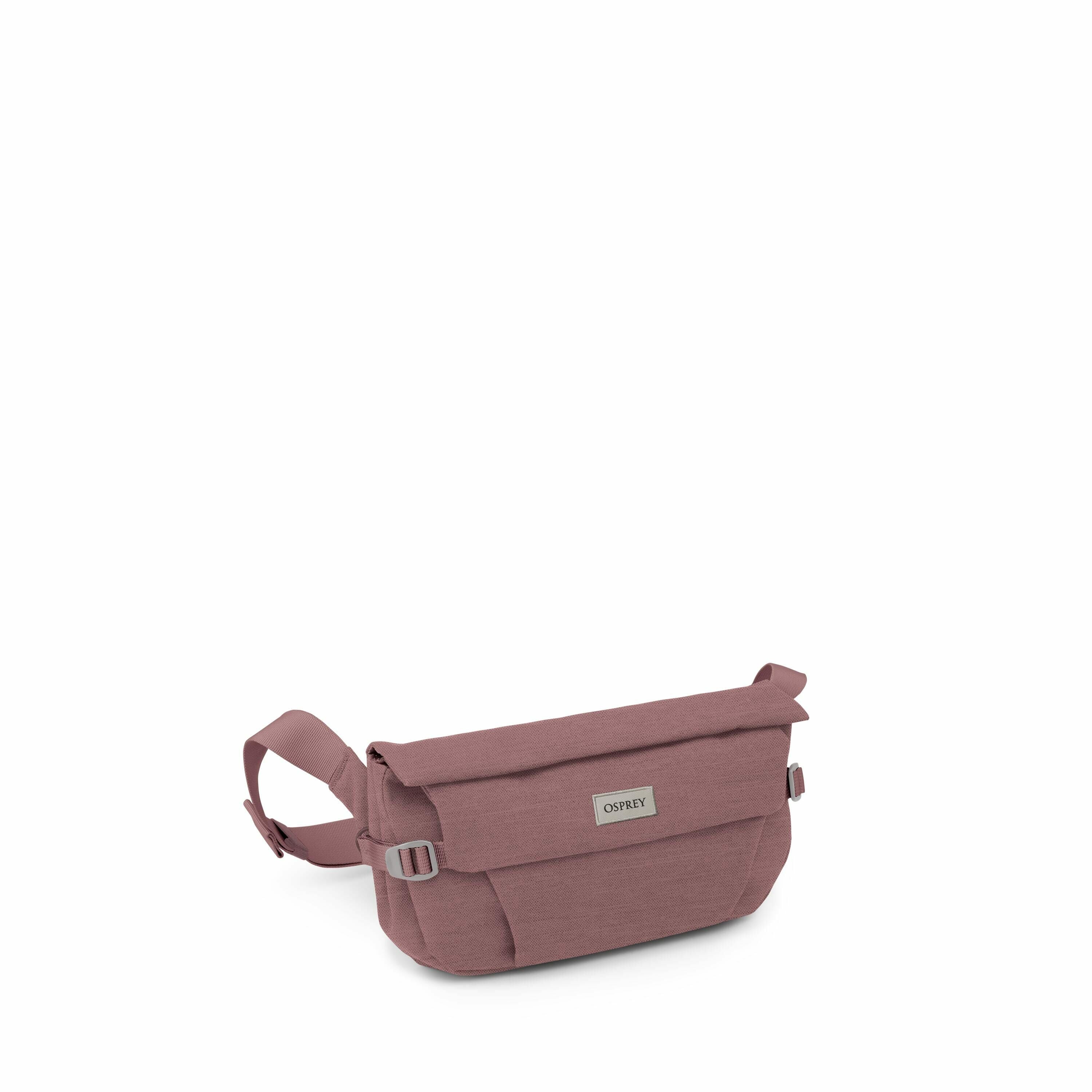 The image displays a stylish Osprey waist pack, characterized by its sleek and compact design. The pack is a deep mauve color, featuring a fold-over flap secured with side buckles and a central Osprey logo badge. It has a comfortable strap for easy wear a