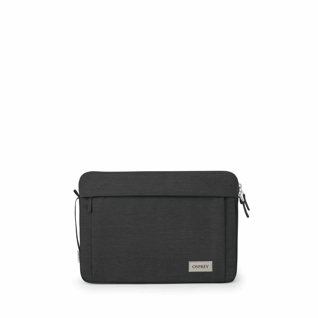 The images depict a sleek and minimalist black laptop sleeve by Osprey, shown from various angles. The front view of the sleeve features a clean design with a small, subtle Osprey logo on a rectangular metal plate at the bottom. It has a top zipper with d