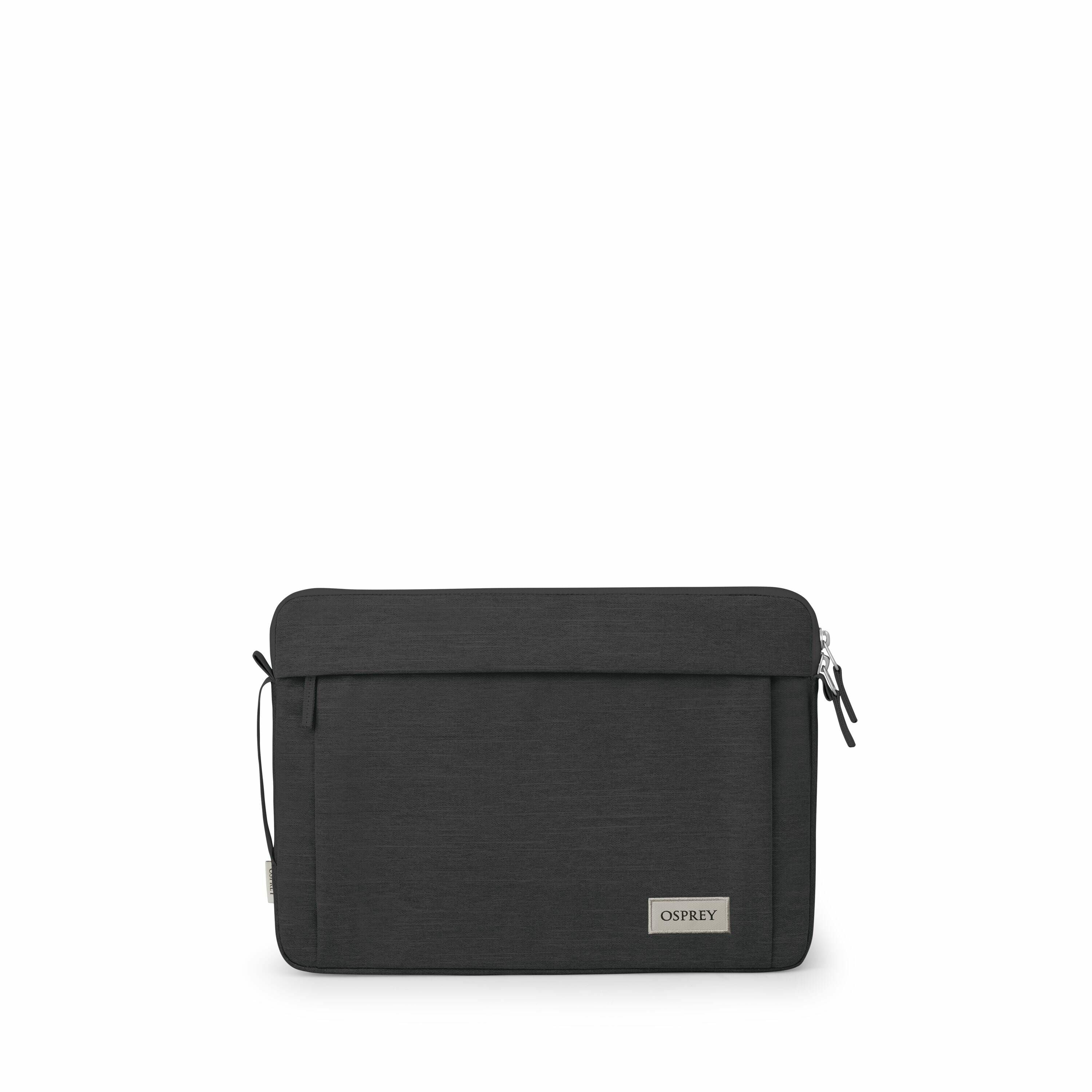 The images depict a sleek and minimalist black laptop sleeve by Osprey, shown from various angles. The front view of the sleeve features a clean design with a small, subtle Osprey logo on a rectangular metal plate at the bottom. It has a top zipper with d