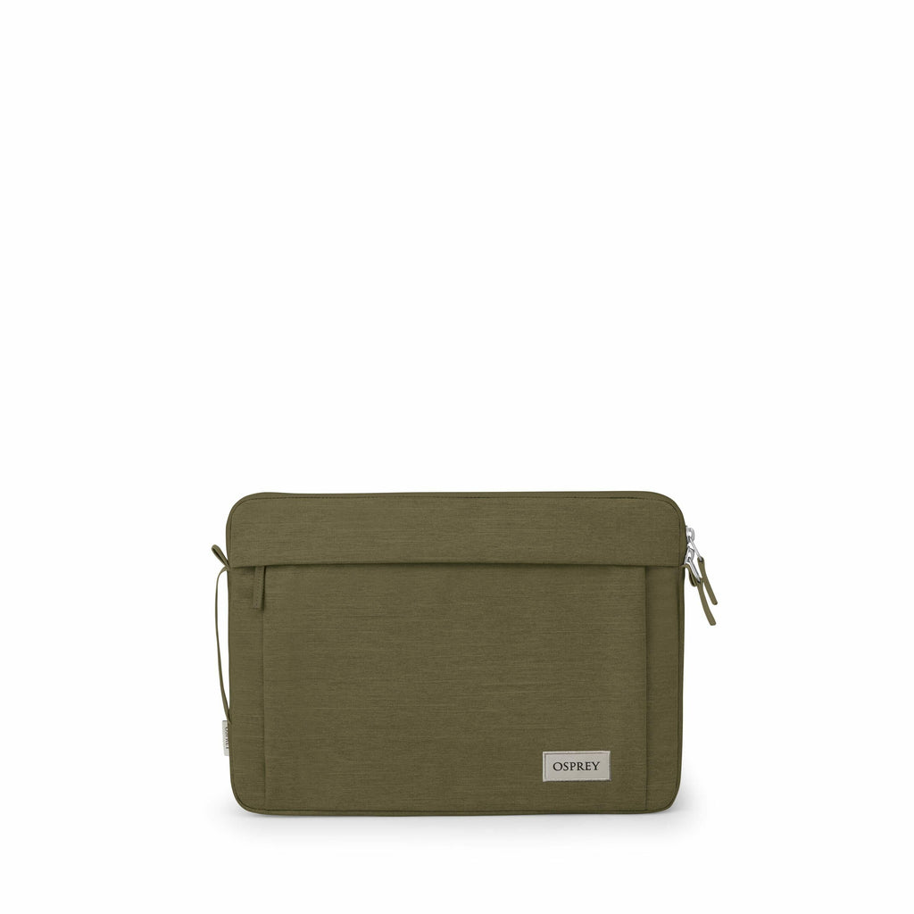 The image shows a series of five views of an Osprey laptop sleeve. The sleeve is olive green in color and has a textured fabric look. It features a main zippered compartment with two zipper pulls, and a front pocket that appears to be suitable for storing