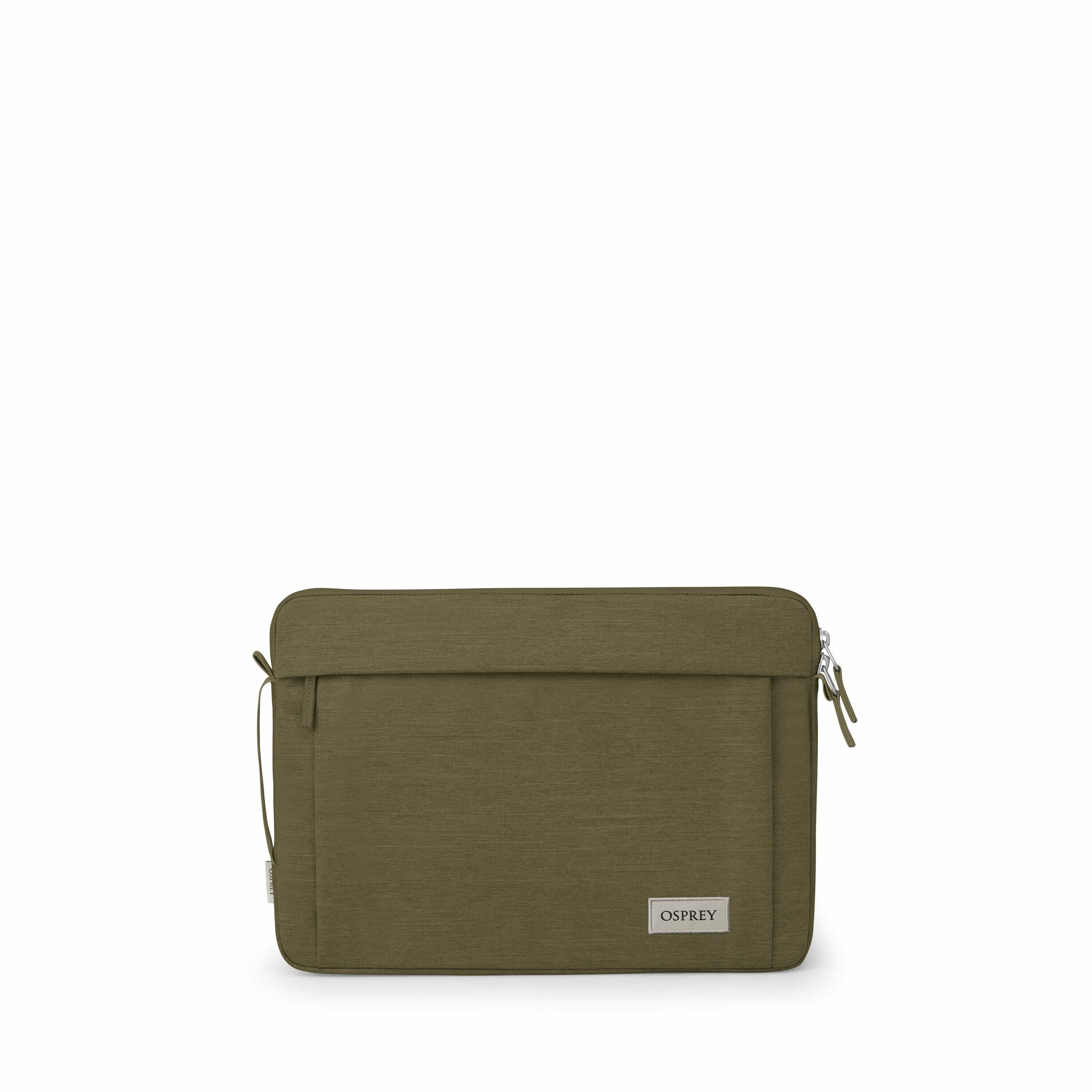 The image shows a series of five views of an Osprey laptop sleeve. The sleeve is olive green in color and has a textured fabric look. It features a main zippered compartment with two zipper pulls, and a front pocket that appears to be suitable for storing