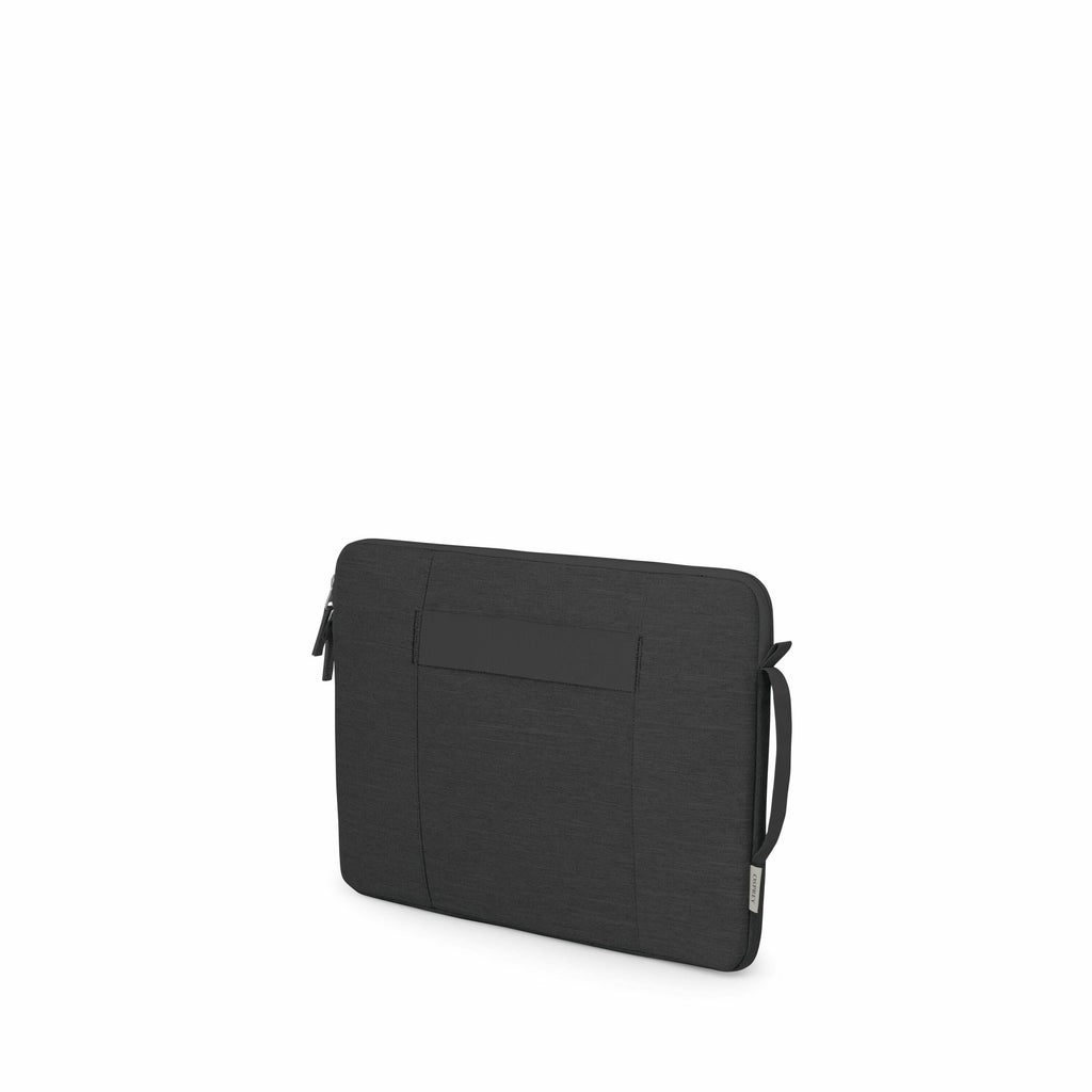 The image depicts a sleek, dark grey laptop sleeve designed to hold and protect a laptop. The sleeve has a minimalist design with a horizontal strap across its front, providing extra security or a convenient place to slide in a hand for carrying. It featu