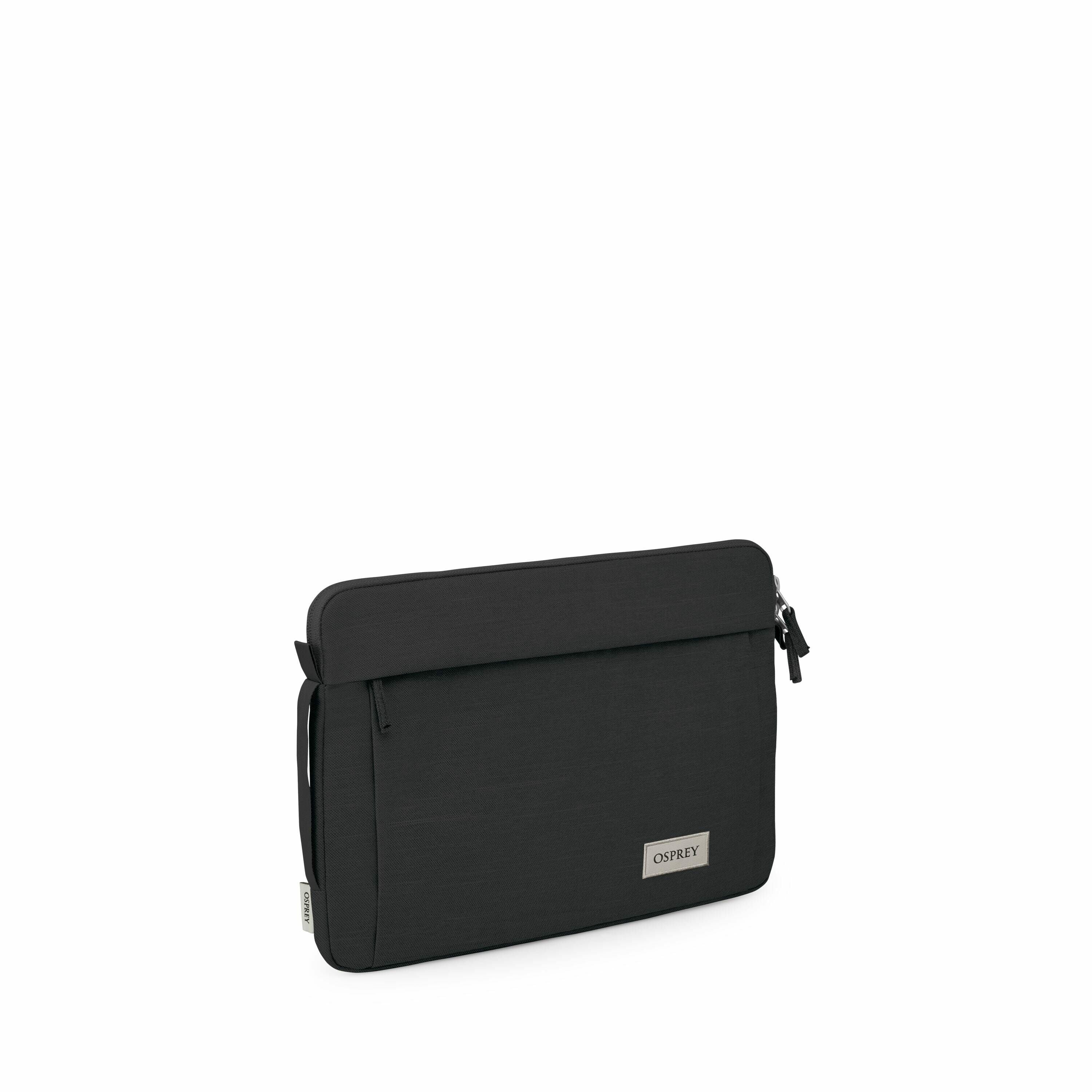 The image features a sleek, black laptop sleeve designed by the brand Osprey. The sleeve is minimalist in style, with a small rectangular logo badge on the front displaying the brand name. It appears to be made from a durable fabric, with a zipper at the