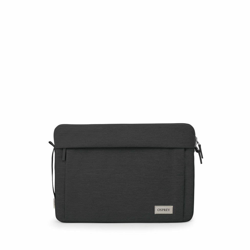 The images showcase a sleek, black Osprey laptop sleeve designed to protect and carry a laptop. It features a minimalist design with a textured fabric and a front flap that covers the zippered compartment. The Osprey logo is prominently displayed on a sma