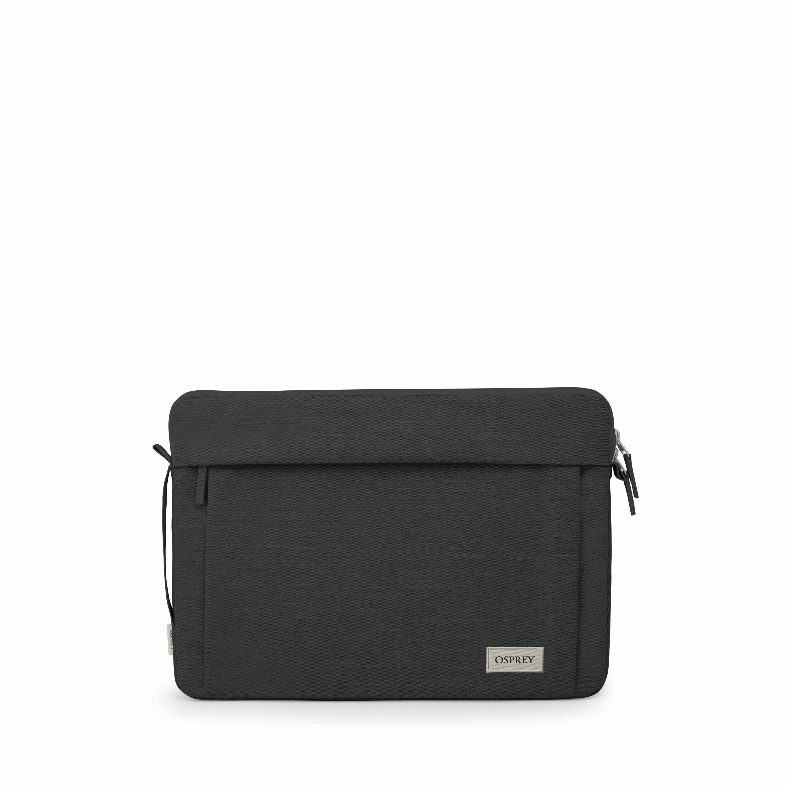 The images showcase a sleek, black Osprey laptop sleeve designed to protect and carry a laptop. It features a minimalist design with a textured fabric and a front flap that covers the zippered compartment. The Osprey logo is prominently displayed on a sma
