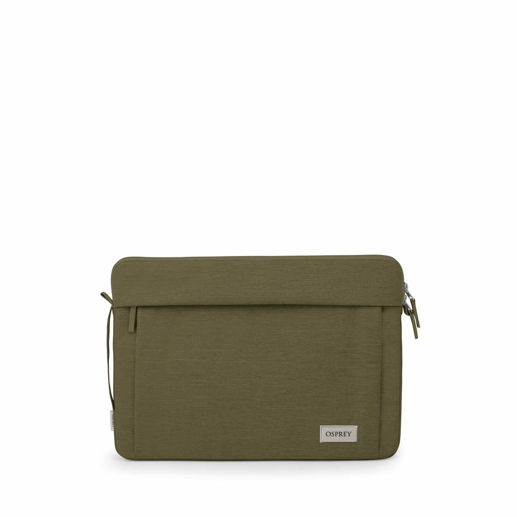 The image depicts an Osprey laptop sleeve with a clean and minimalistic design. The sleeve is olive green, featuring a zipper closure on the top, with two zipper pulls visible on the right side. The brand logo, "Osprey," is affixed prominently in a small