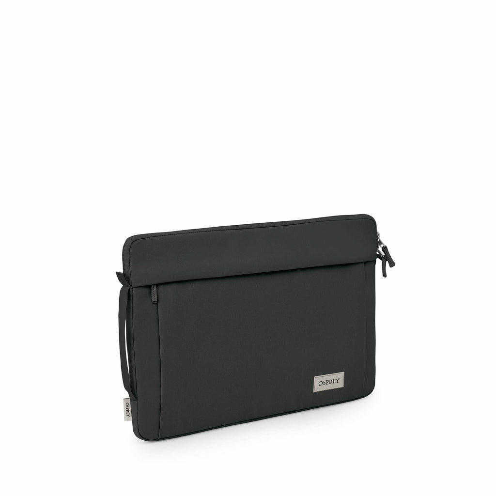 The images showcase a sleek and stylish laptop sleeve designed by Osprey. It is primarily black in color, with a smooth and minimalist design, featuring the Osprey logo on a metallic badge on the front. The sleeve is equipped with a zippered closure on on