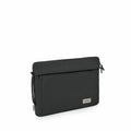 The images showcase a sleek and stylish laptop sleeve designed by Osprey. It is primarily black in color, with a smooth and minimalist design, featuring the Osprey logo on a metallic badge on the front. The sleeve is equipped with a zippered closure on on