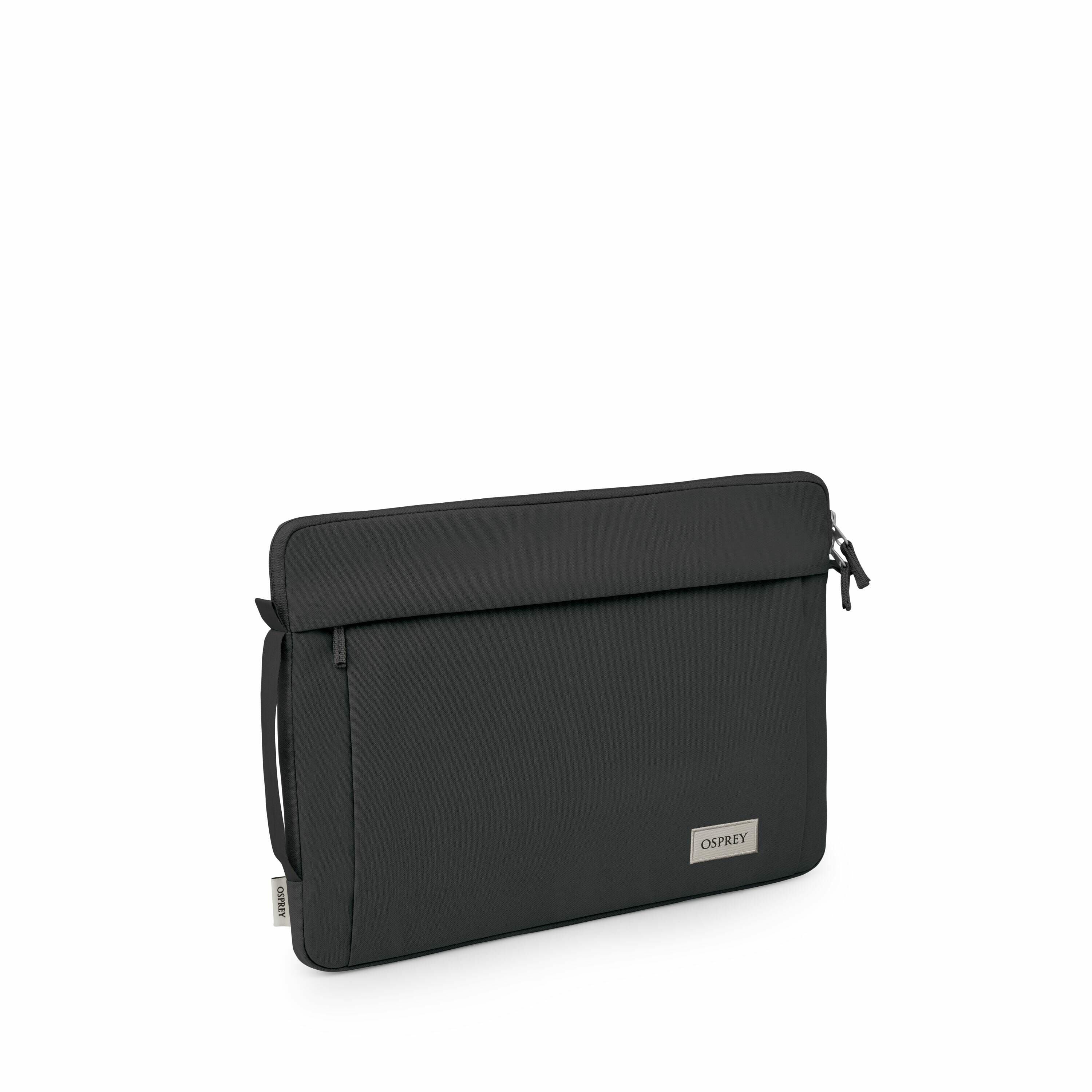 The images showcase a sleek and stylish laptop sleeve designed by Osprey. It is primarily black in color, with a smooth and minimalist design, featuring the Osprey logo on a metallic badge on the front. The sleeve is equipped with a zippered closure on on