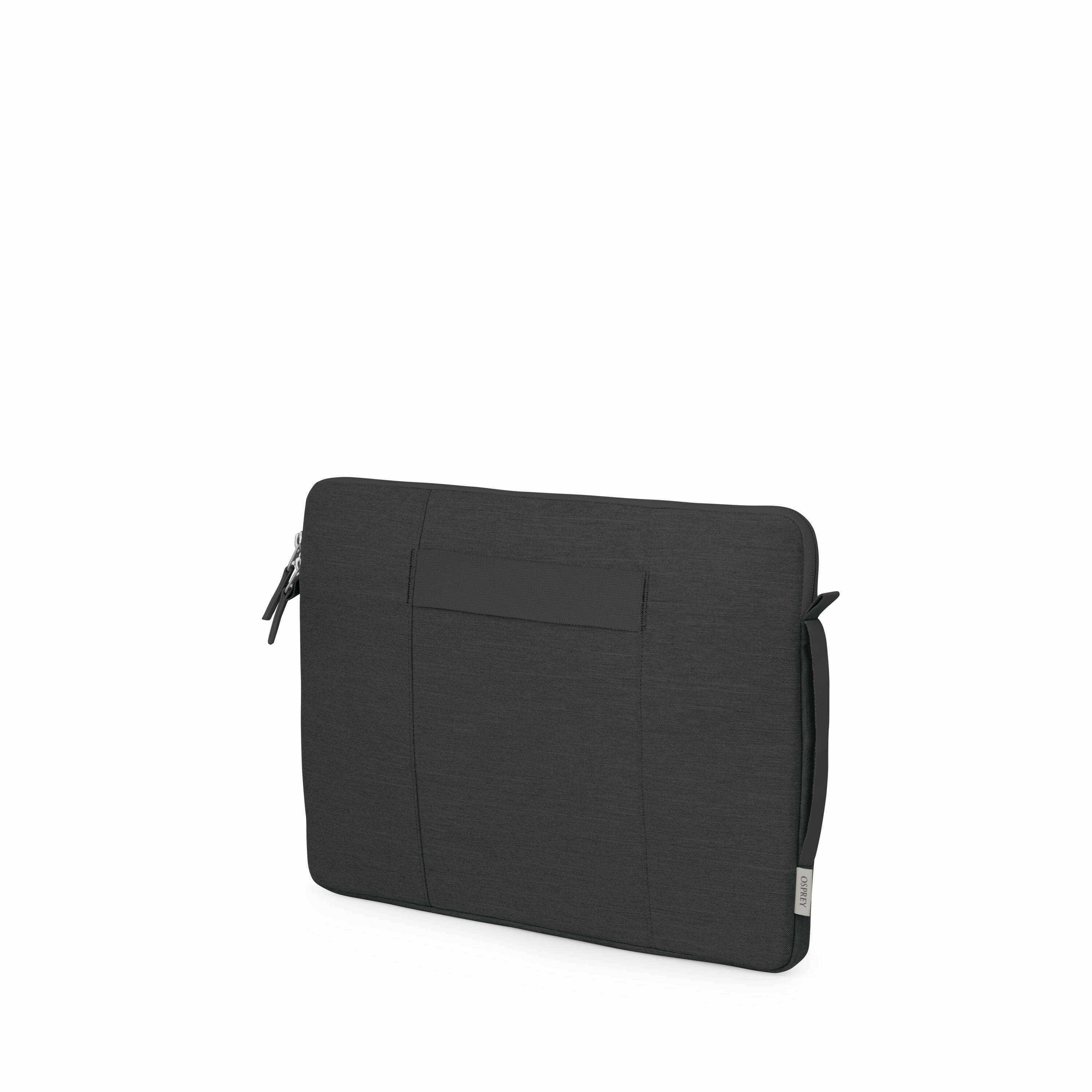 The images depict a sleek, dark-colored laptop sleeve designed to protect and carry a laptop. The sleeve features a smooth fabric exterior with a subtle texture and has a convenient external pocket for additional storage. It includes a zipper closure on o